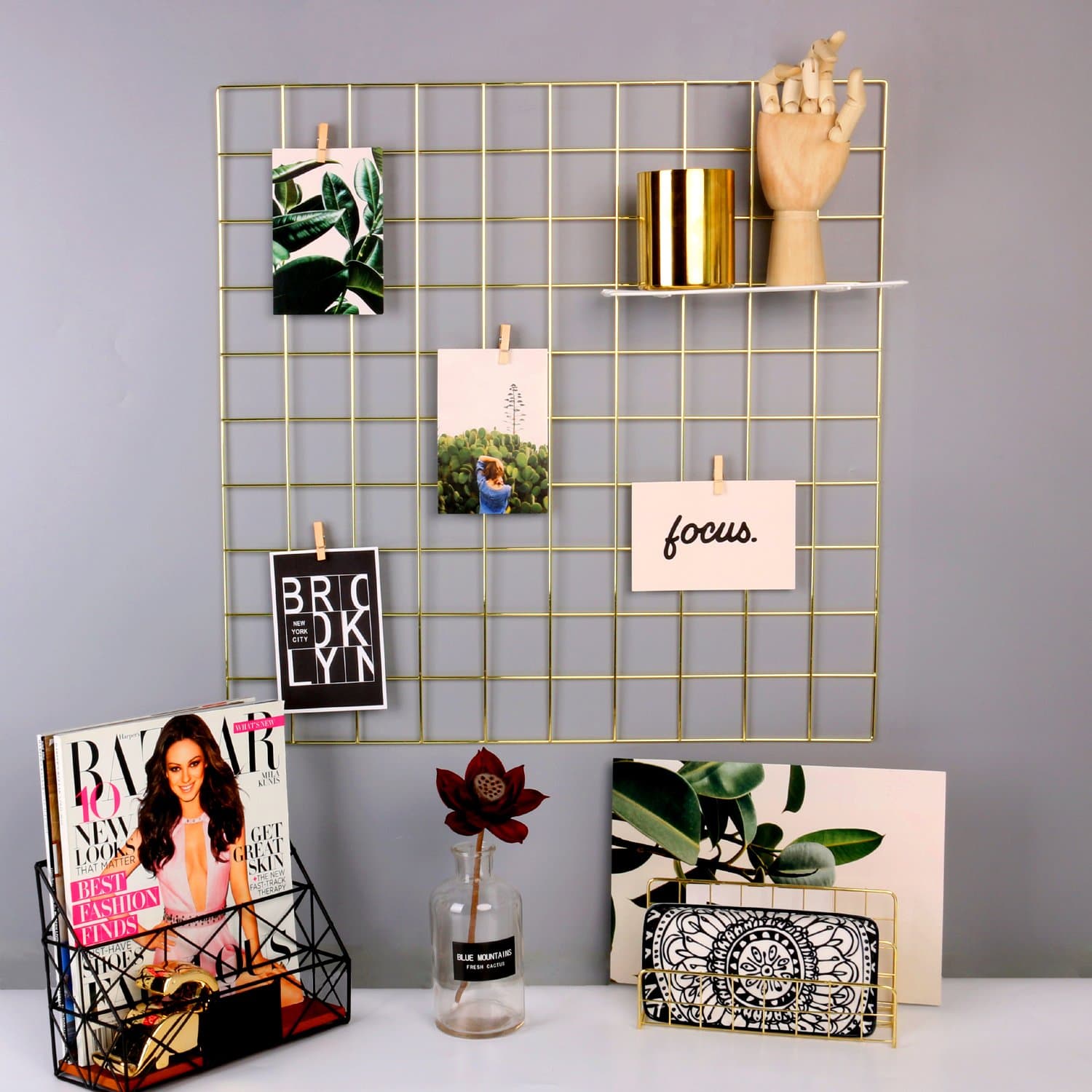 hosaken Metal Mesh Grid Wall Panel, Photo Wall Decoration Display Organizer, Wall Art DIY, Picture Hanging, 23.6", Gold