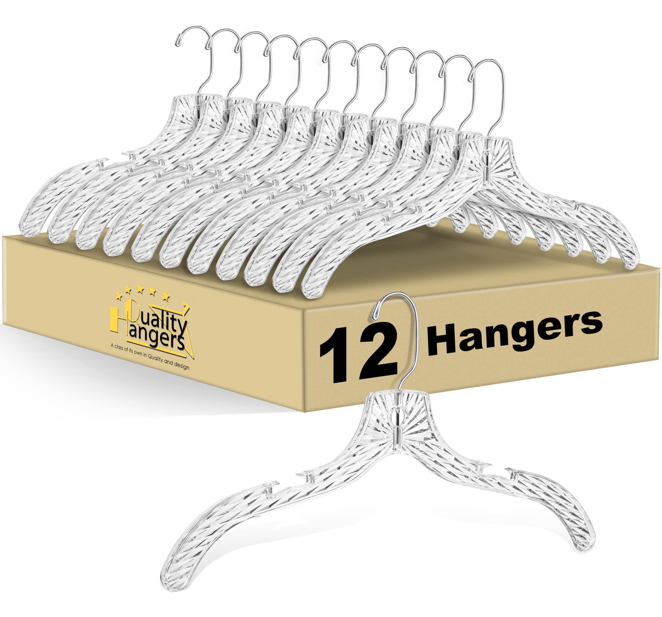 Quality Clear Plastic Hangers 12 Pack - Durable Crystal Cut Heavy Duty Hangers for Clothes, Shirts, Suits, Coats, Dresses