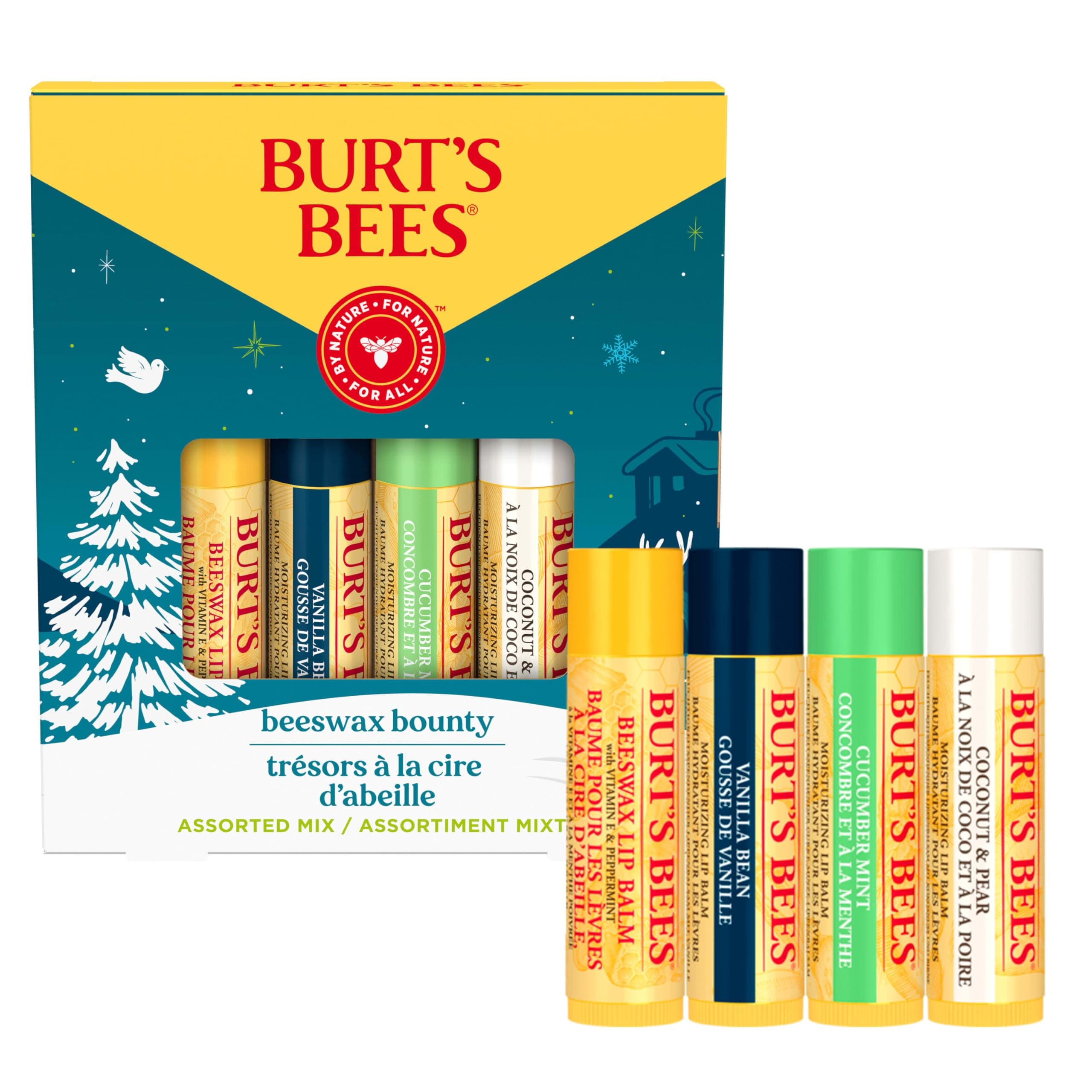 Burt's Bees 4 Lip Balm Stocking Stuffers Products, Assorted Mix Set - Classic Beeswax, Vanilla, Cucumber Mint & Coconut and Pear (Pack of 4)