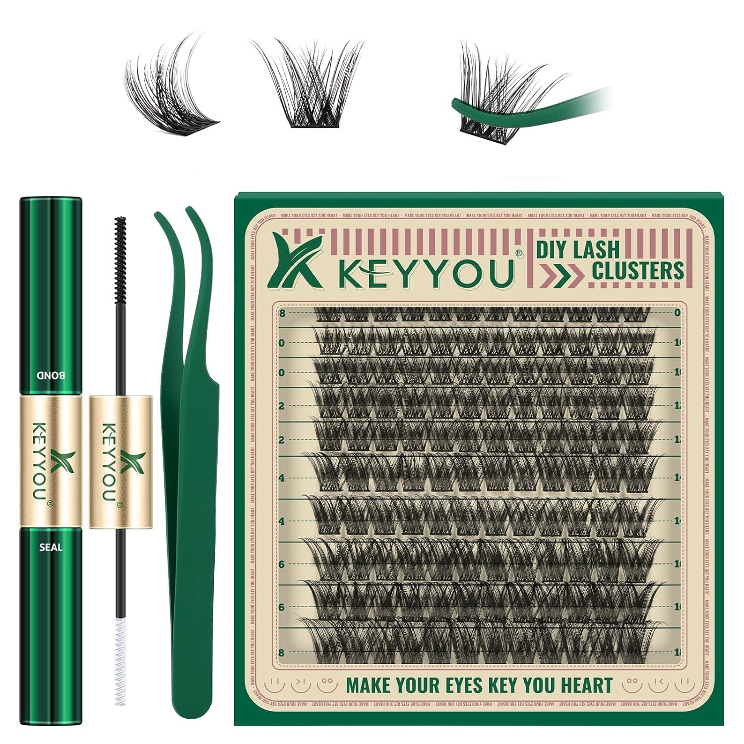 KEYYOU DIY Eyelash Extensions Set, 120 Pieces, Lash Extension Set, D Curl, 8-16 Mix Eyelash Cluster with Super Hold Cluster Binding and Seal and Applicator (DV02KIT)
