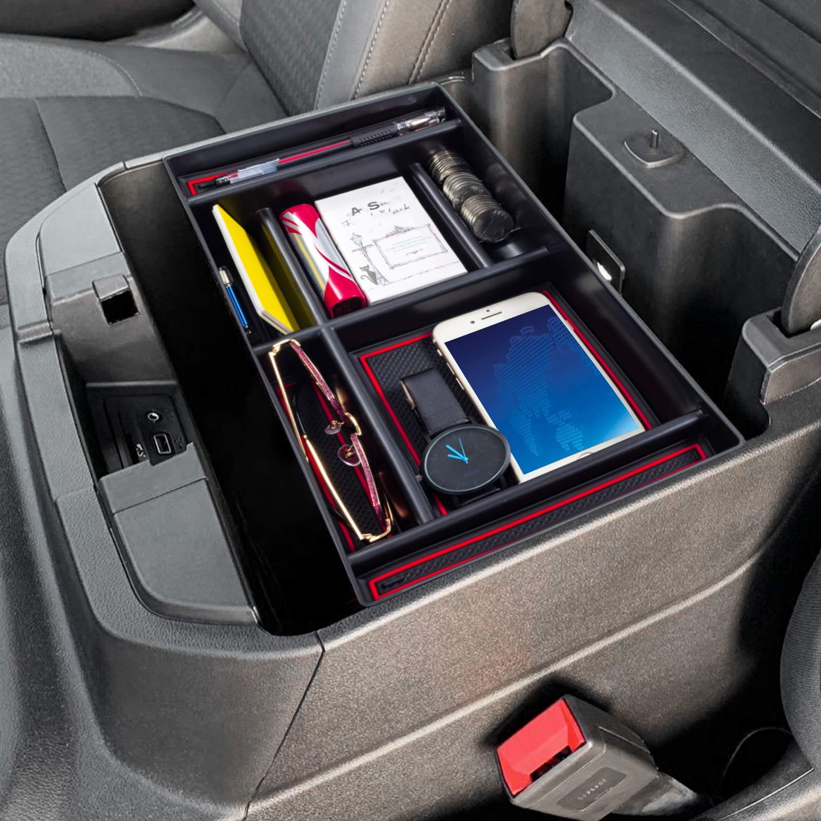PIMCAR Center Console Organizer Compatible with 2019-2022 Chevy Silverado 1500/GMC Sierra 1500 & 2020-2023 Chevy Silverado/GMC Sierra 2500 HD/3500 HD (Full Console w/Bucket Seats ONLY) Red Trim