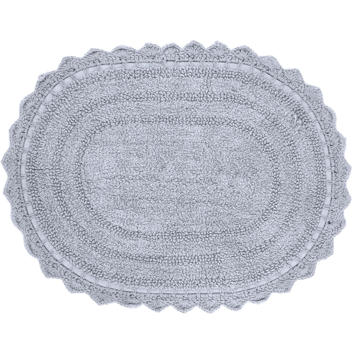 RAJRANG Bath mat for Bathroom Kitchen and Spa with Crochet Pattern Cotton Absorbent Soft Reversible Light Grey Bath Rug Oval 24x17 Inches