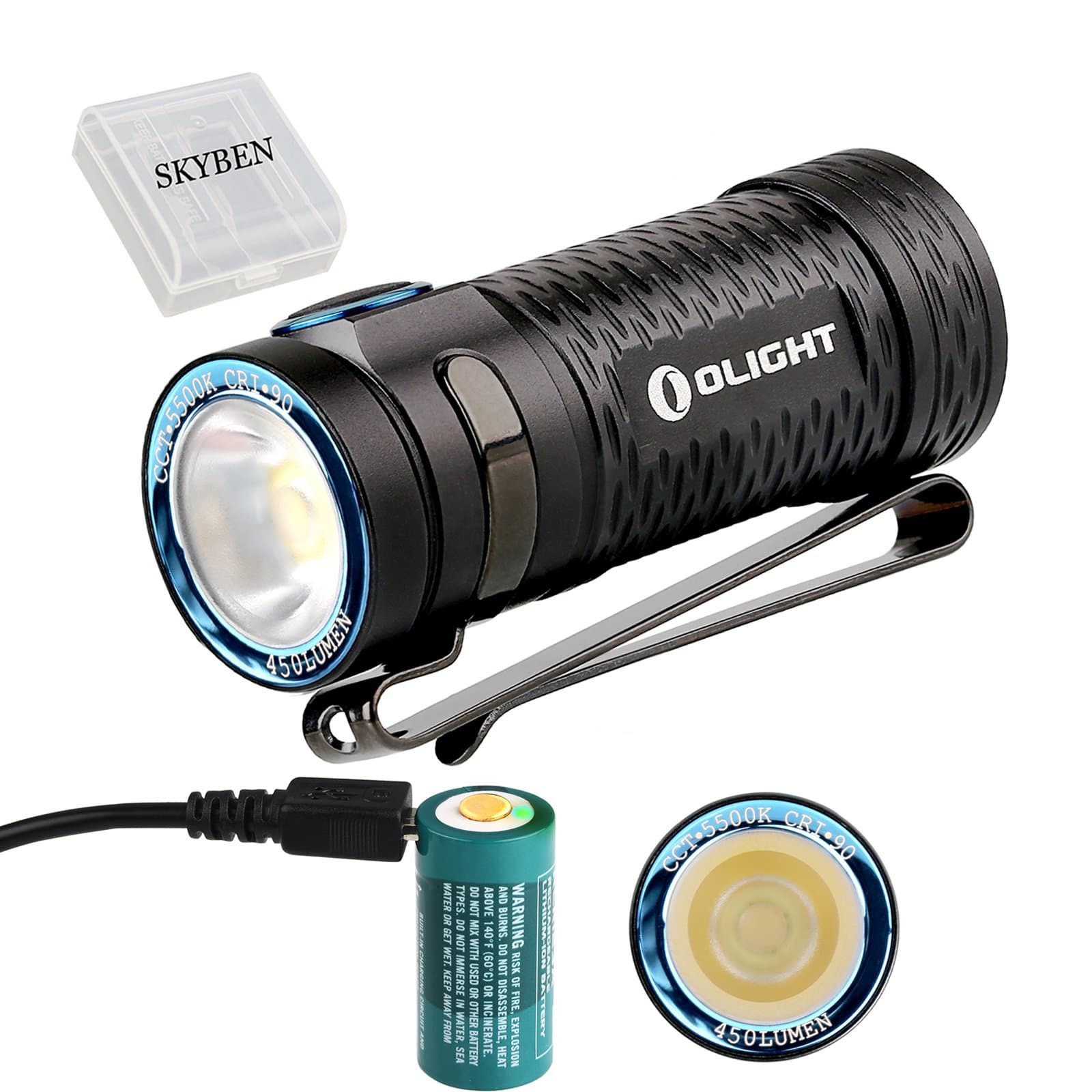 Olight S1 MINI Cree XP-G3 LED 450 Lumens Ultra Compact LED Flashlight Smallest Side-switch Flashlight with USB Rechargeable 16340 Battery x 1 and SKYBEN Accessory(S1 MINI HCRI)