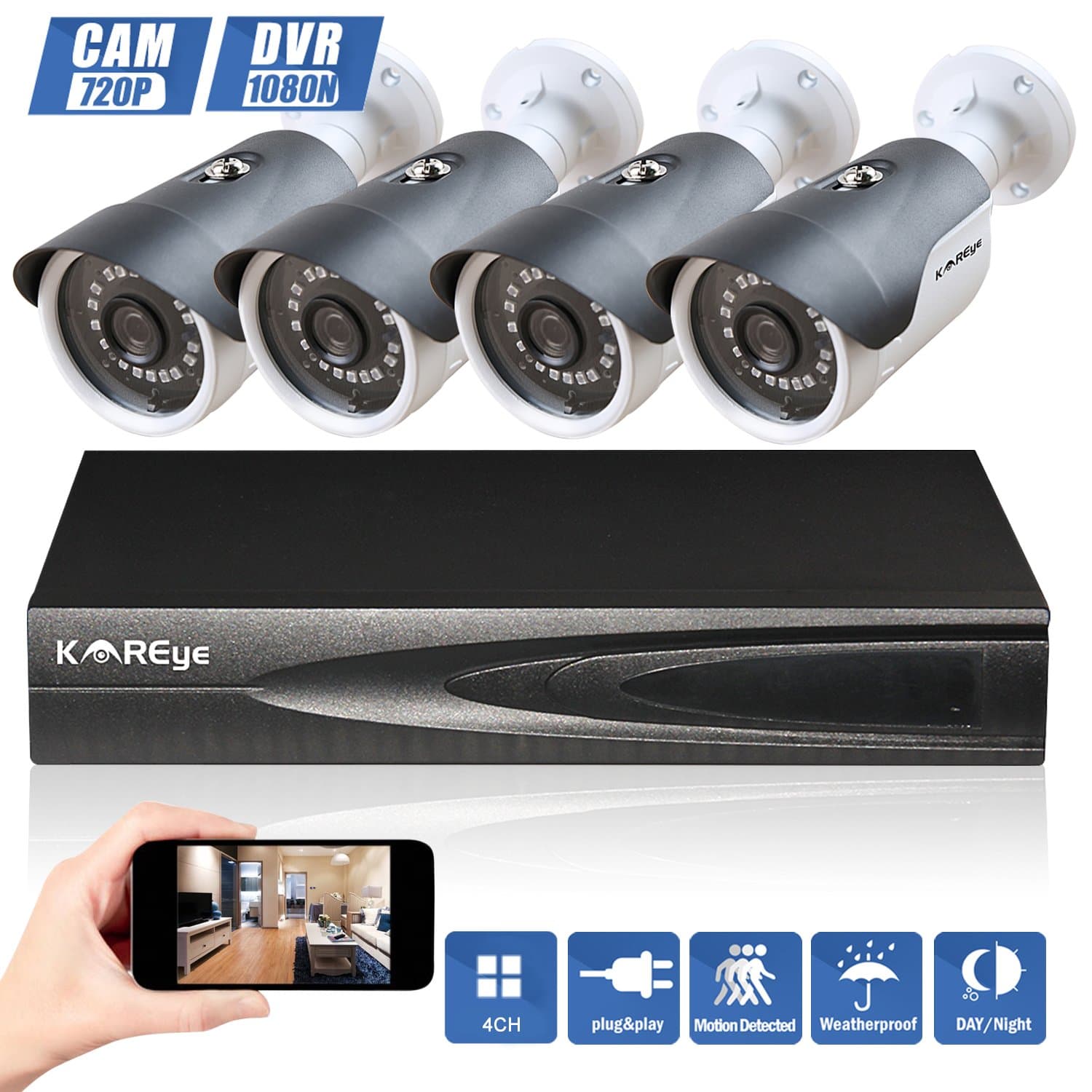 4CH 1080N AHD DVR Home Security Video Surveillance Camera System (NO HDD), W/ 4x 1.0MP Indoor/Outdoor Waterproof Cameras, 65 Feet Night Vision, Smart Motion Detection