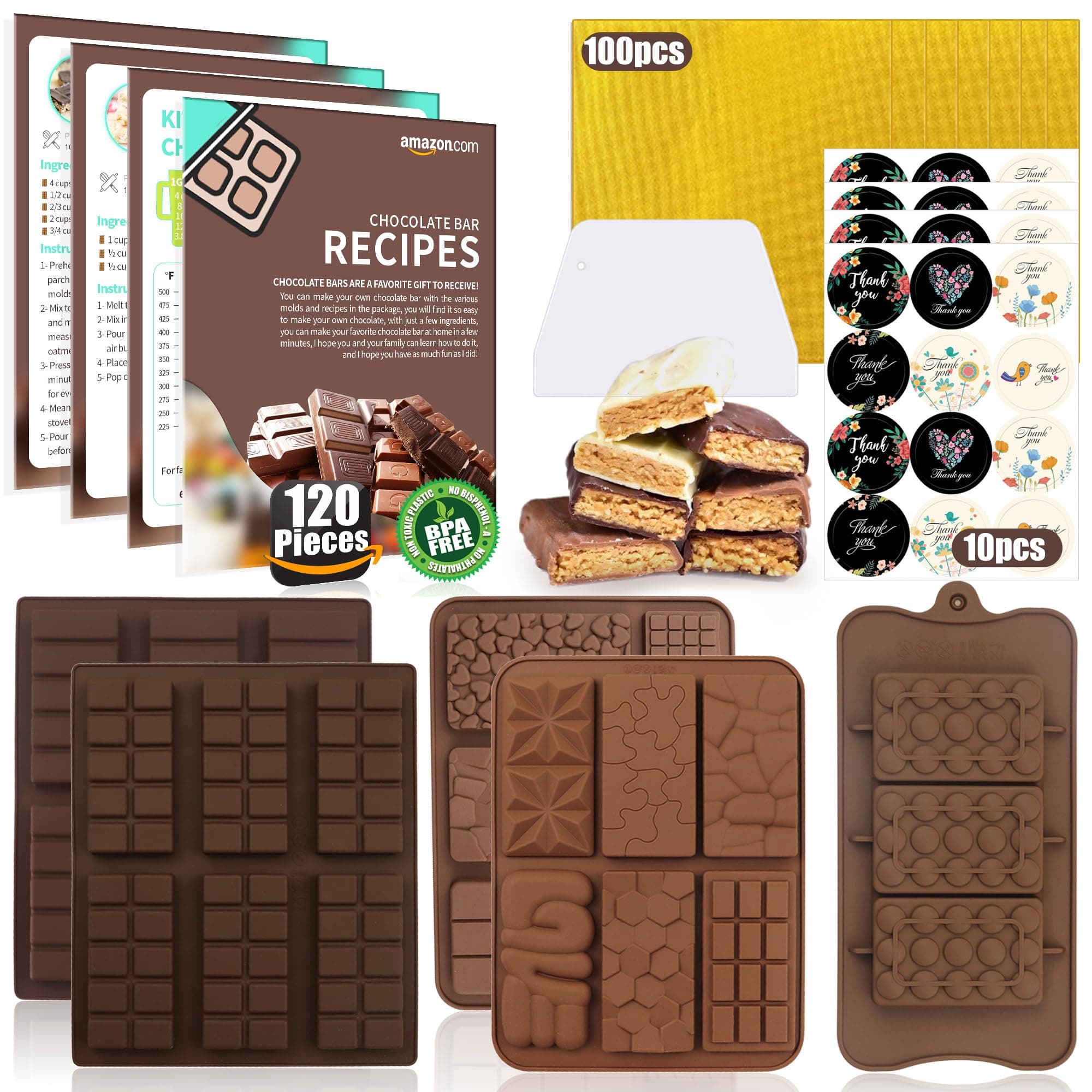 (120PCS) 6 Models Deep Chocolate Bar Mold - Food Grade Silicone Mold for Dubai Chocolate Bar Pistachio,With Recipes/Scraper/Wrapping Paper/Stickers