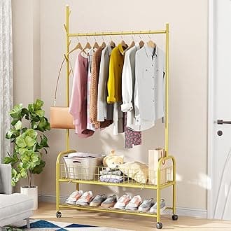 Lukzer | MGR-002 | Gold | Metal Cloth Stand & Garment Rack with Wheels, 2 Bottom Shelves & Single Rod – Space-Saving Clothes Organizer for Bedroom, Bathroom, Office & More | 173 x 90 x 34 cm