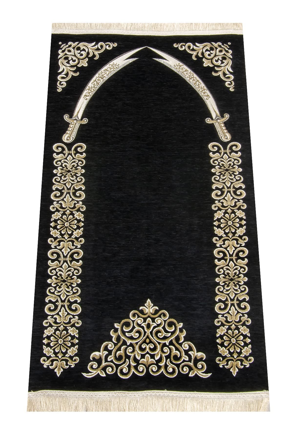 – Lux Muslim Prayer Mat with Imam Ali Zulfiqar Sword Pattern | Janamaz | Sajadah | Soft Chenille Fabric Black | Islamic Gifts