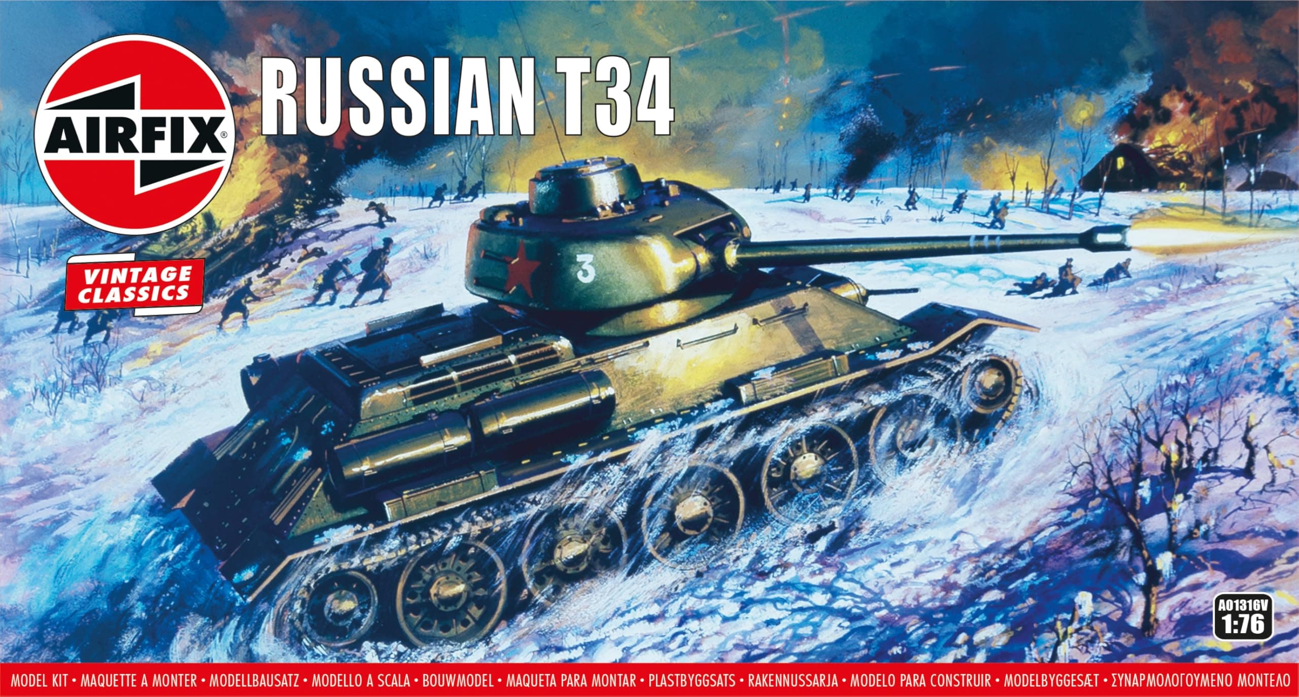 Airfix Vintage Classics Set - A01316V Russian T34 - Plastic Model Tank Kits for Adults & Children 8+, Set Includes 58 Pieces, Sprues & Decals - 1:76 Scale Model Tank Set