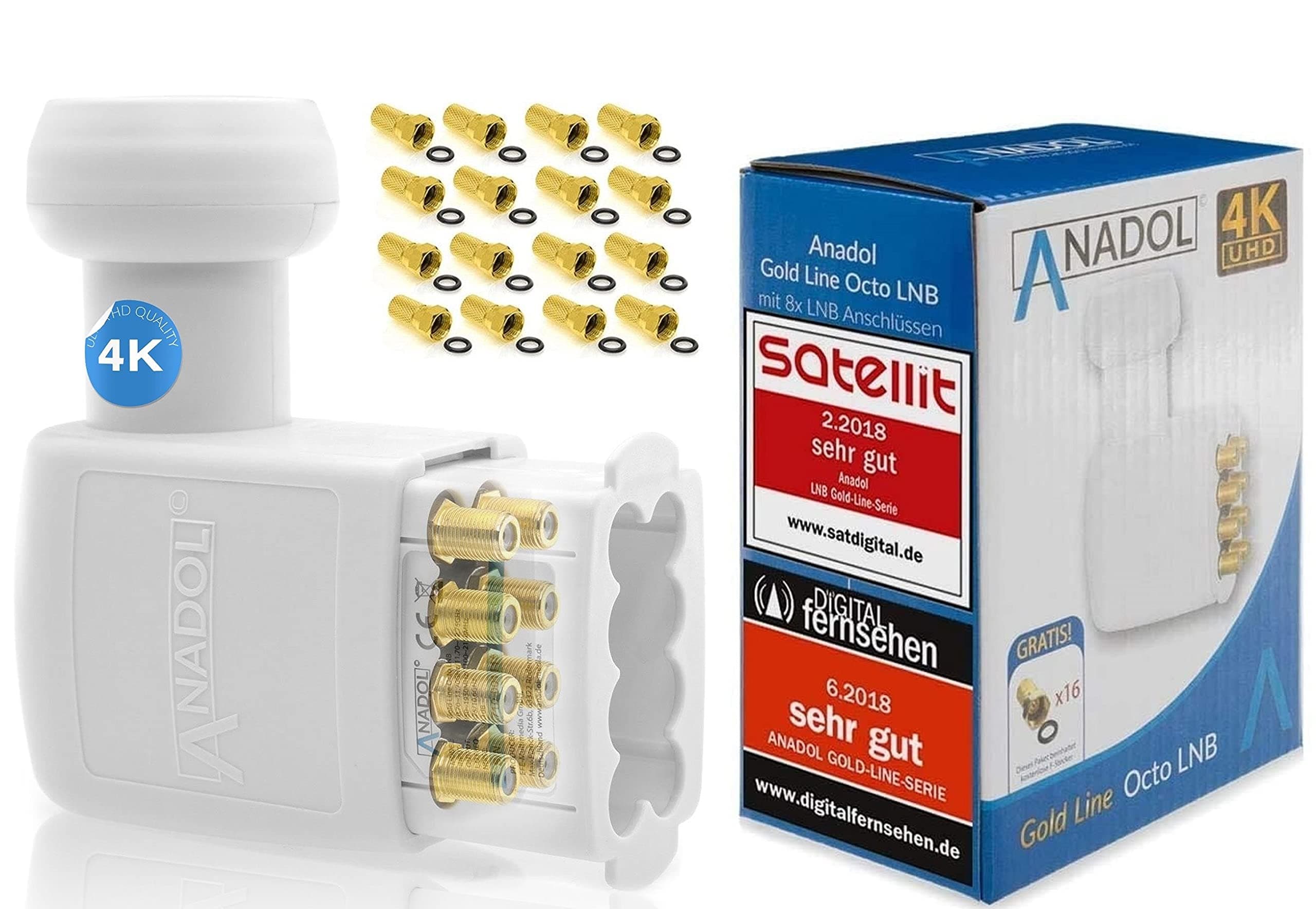 Anadol Gold Line LNB 0.1 dB including gold-plated F-plugs.