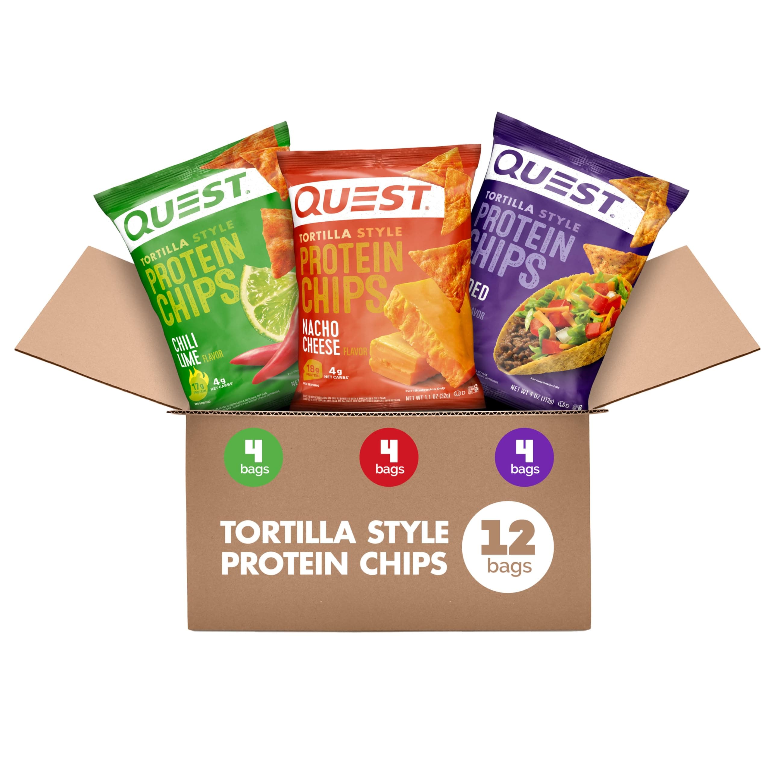 t Tortilla Style Protein Chips Variety Pack, Chili Lime, Nacho Cheese, Loaded Taco, 12 Count