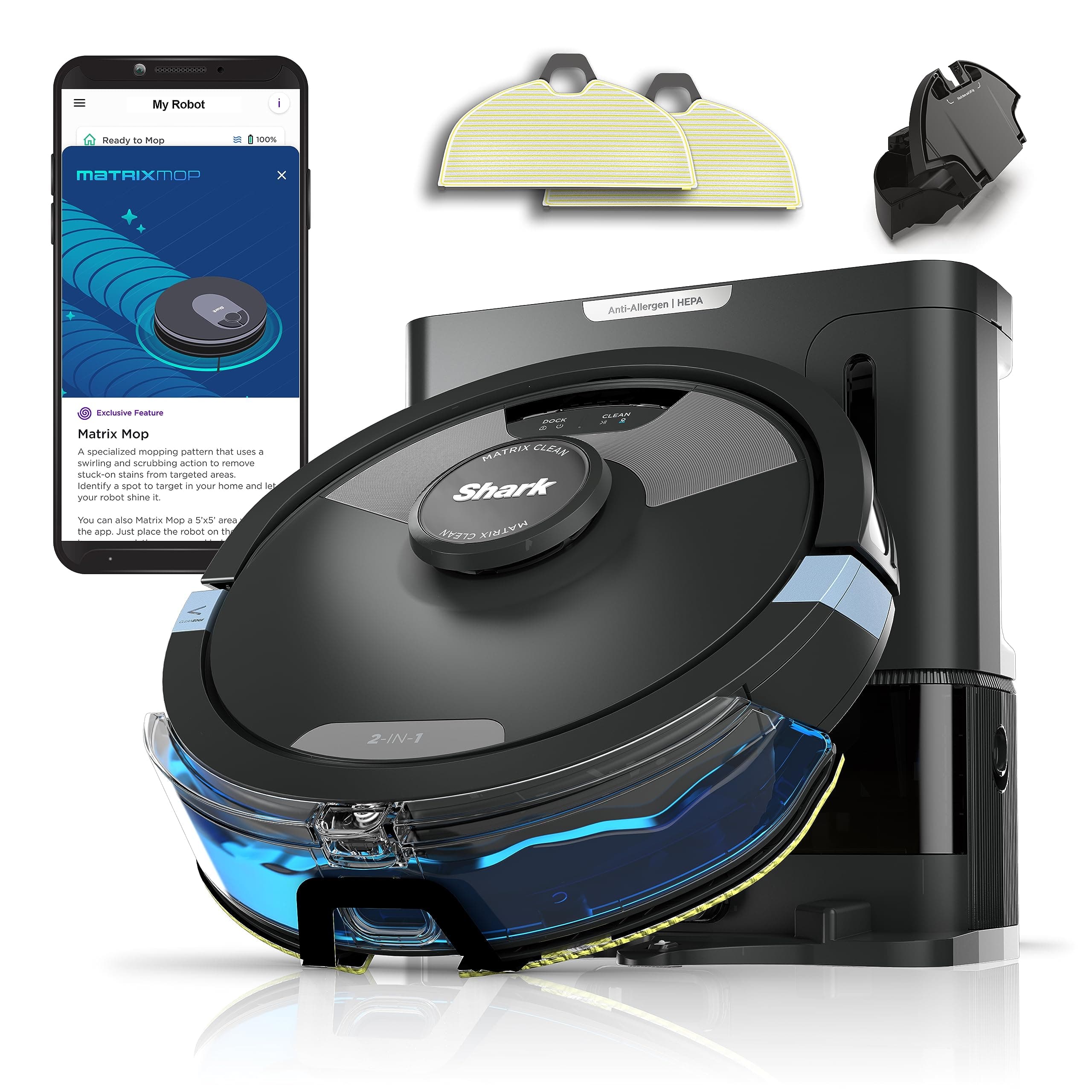 Matrix Plus 2in1 Robot Vacuum & Mop with Sonic Mopping, Matrix Clean, Home Mapping, HEPA Bagless Self Empty Base, CleanEdge, for Pet Hair, Wifi, Black/Silver (RV2610WA)