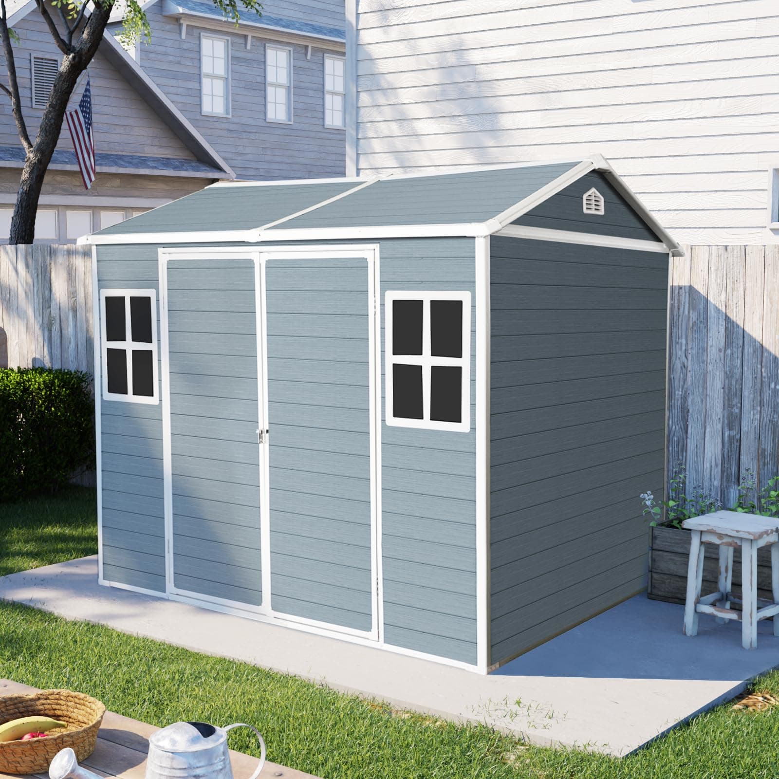 8x6 FT Outdoor Storage Shed with Floor, Plastic Garden Tool Shed with Windows, Vents & Lockable Door, Easy to Assemble Resin Bike Shed for Patio, Backyard, Lawn, Grey