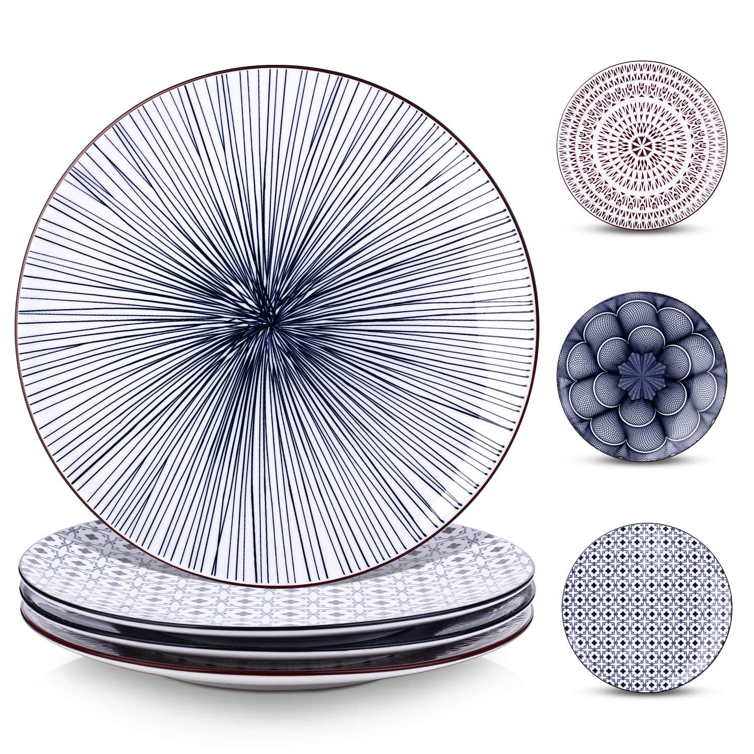 Y YHY 10“ Ceramic Plates, Porcelain Dinner Plates Set of 4 for Salad, Pasta, Appetizer, Dessert - 4 Pattern for Thanksgiving & Christmas, Dishwasher & Microwave Safe