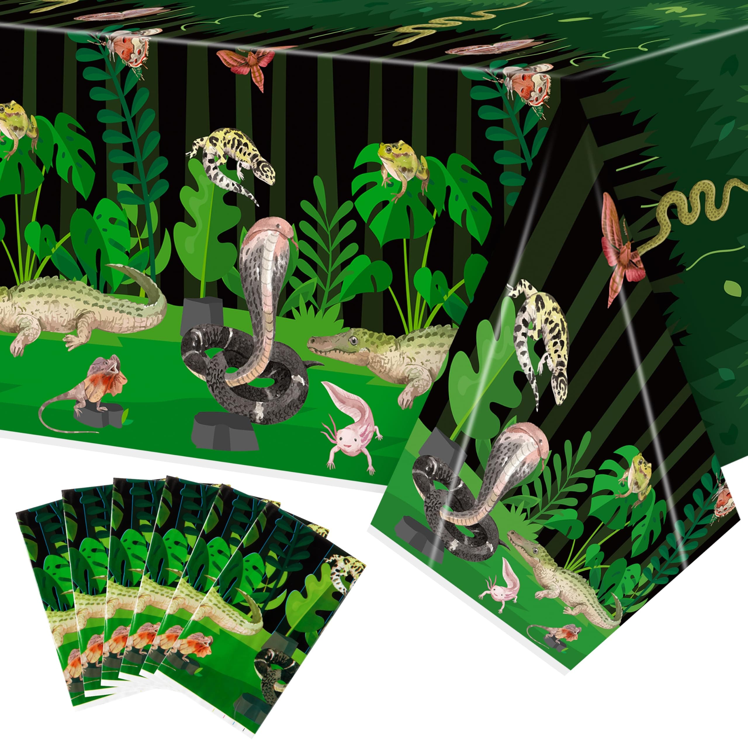 6Pack Reptile Swamp Party Tablecloth Disposable Wildlife Lizard Snake Rectangle Tablecover Alligator Turtle Jungle Animal Plastic Table Cloth Decoration for Reptile Birthday Supply 54” x 108”
