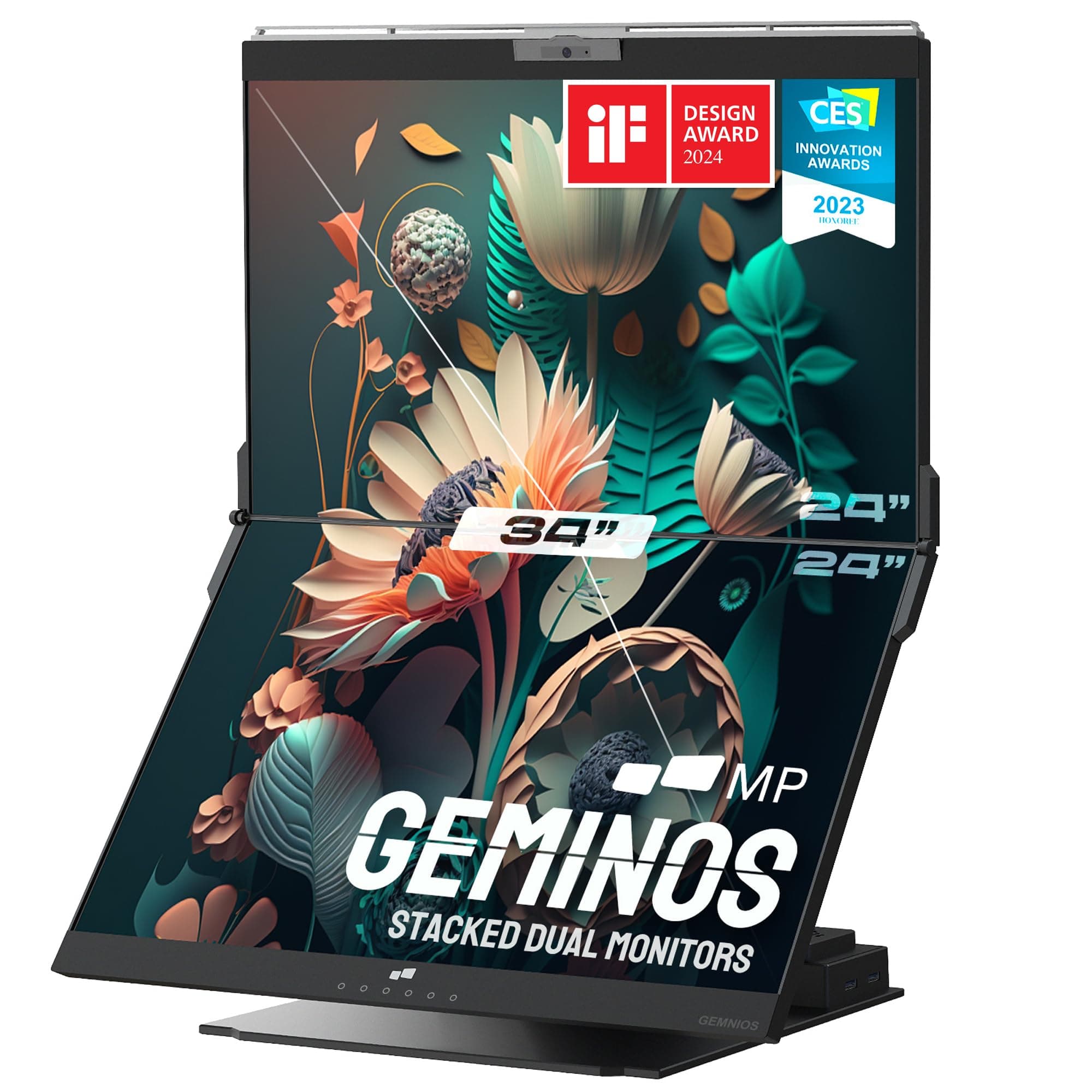 Mobile Pixels Geminos 2 x 24 inch FHD Stacked Computer Monitor with All-inclusive Dual Vertical Monitors, 100W USB-C Charging, 1080P Webcam&Speakers, HDMI/USB-A/USB-C, Height Adjustable (2 Monitors)