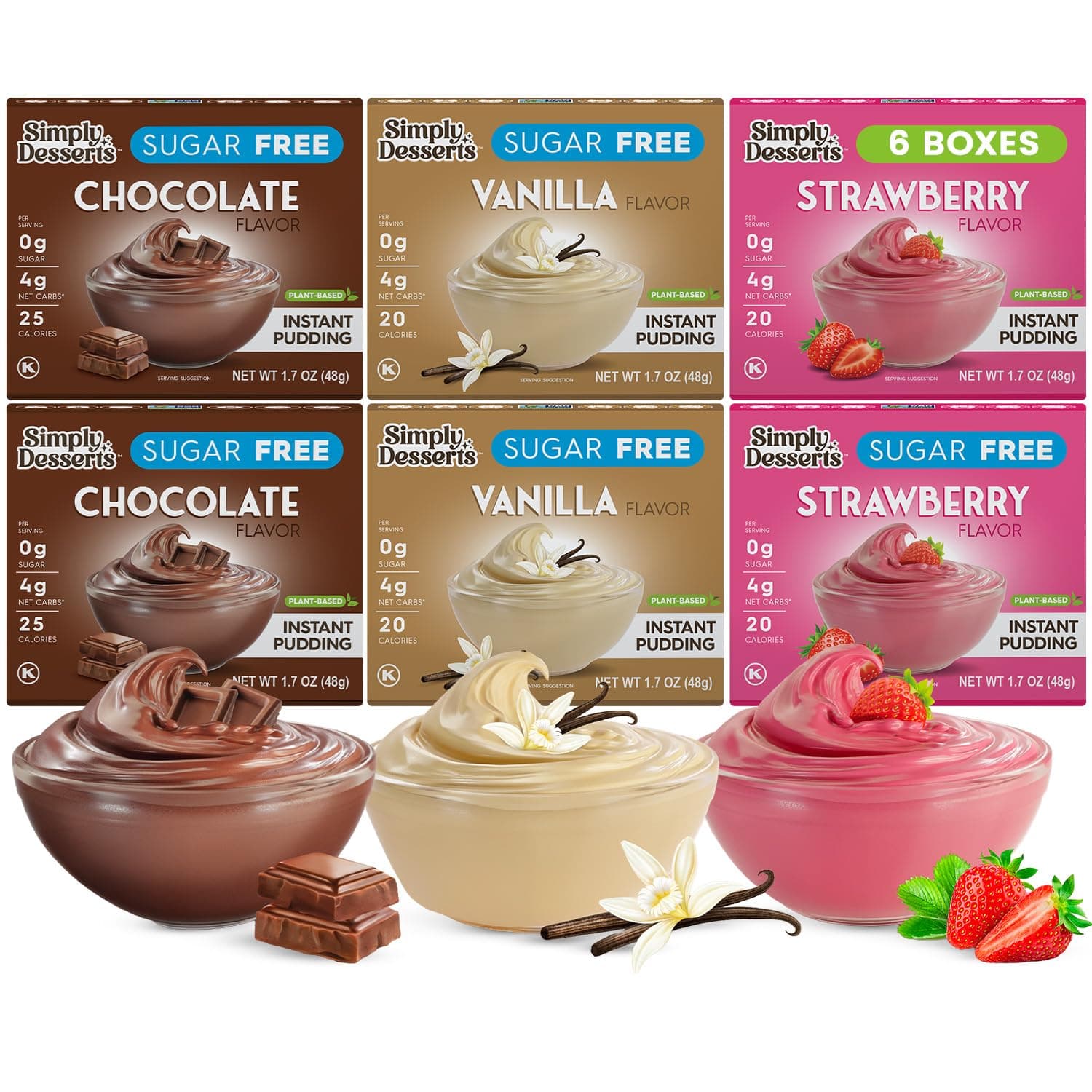 Simply Delish Instant Delicious Mixed Variety Keto Pudding 6 pack – Low Carb, Zero Sugar, Gluten Free, Allergen Free, Non-GMO, Vegan & Plant-Based