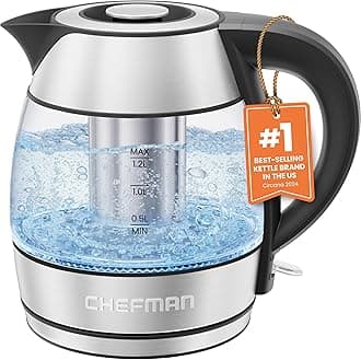 CHEFMAN Electric Kettle - 1.2L 1500W Hot Water Tea Pot with Tea Infuser, BPA Free, Auto Shut Off, Boil-Dry Protection, Removable Lid, LED Light, Cordless Glass Electric Tea Kettle – Stainless Steel