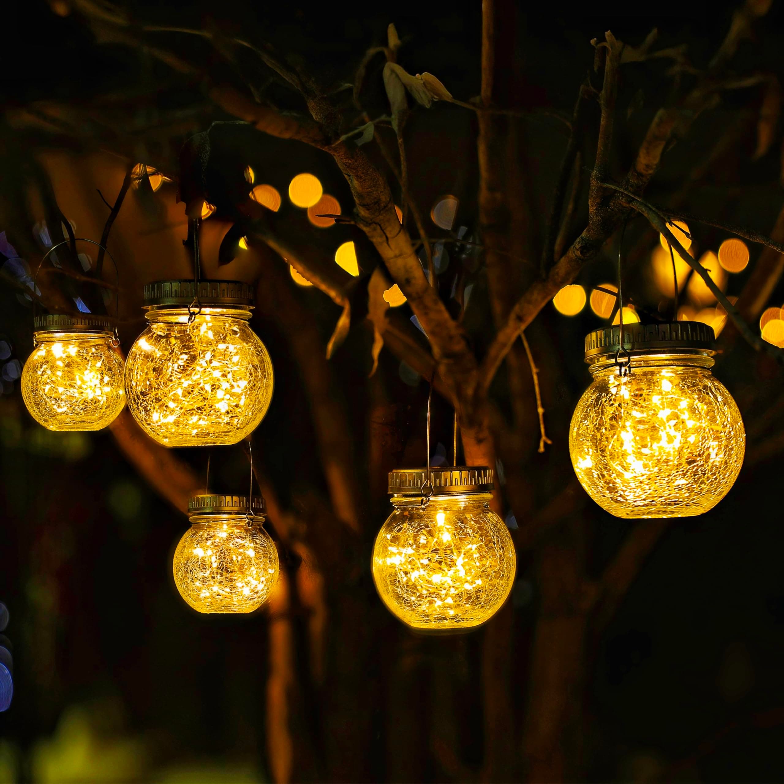 Cooo 2 Pack Crackle Glass Solar Lantern with 30 LED Firefly Lights– Waterproof Outdoor Hanging Lamp 215% Larger Solar Panel, Anti-Rust Lids Decorative Lighting for Garden Patio Table