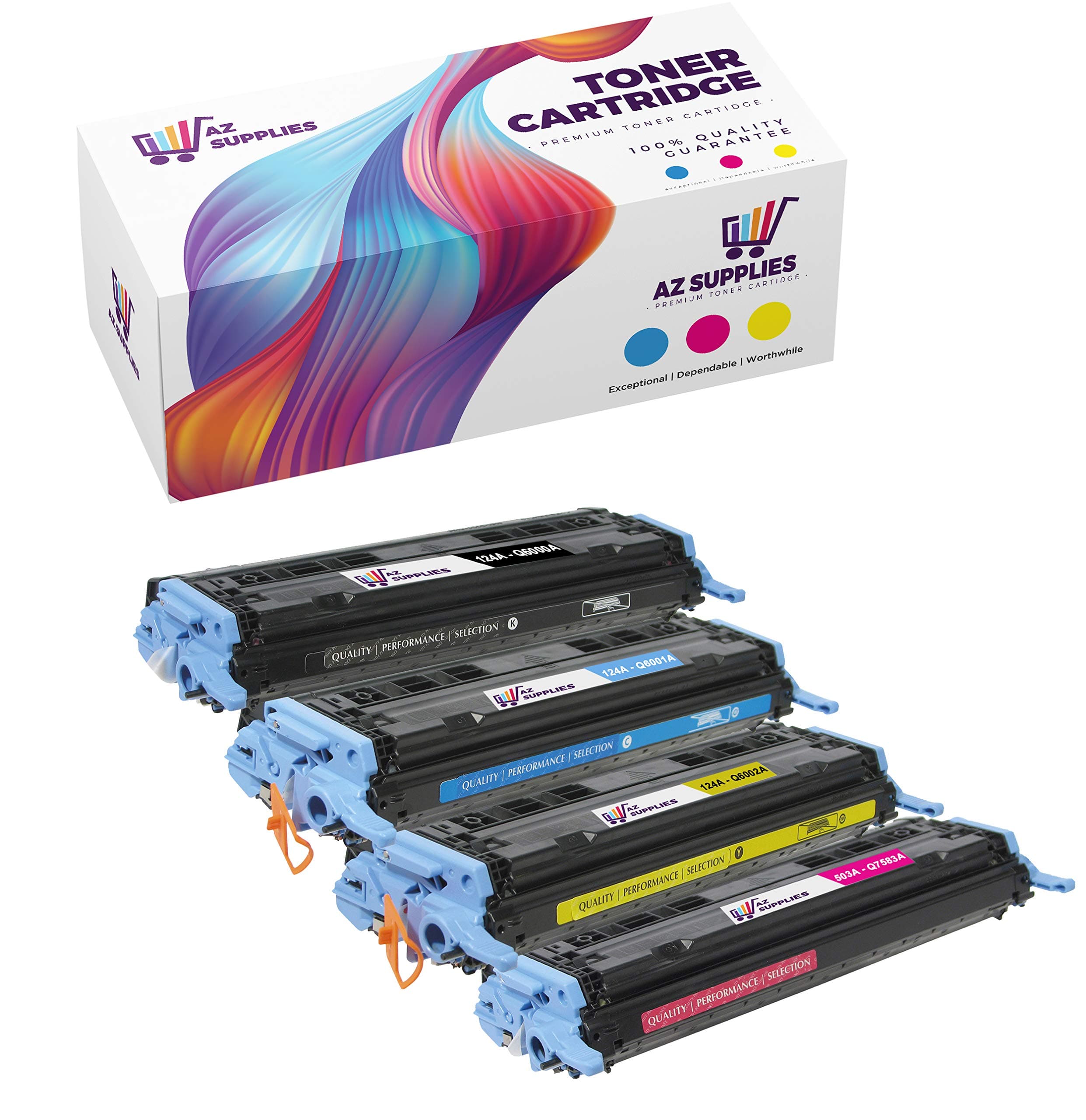 AZ Compatible Toner Cartridge Replacement for HP 124A Q6000A Q6001A Q6002A Q6003A use in Color Laserjet 1600 Color Laserjet 2600N Color Laserjet 2605DN (Black, Cyan, Yellow, Magenta)