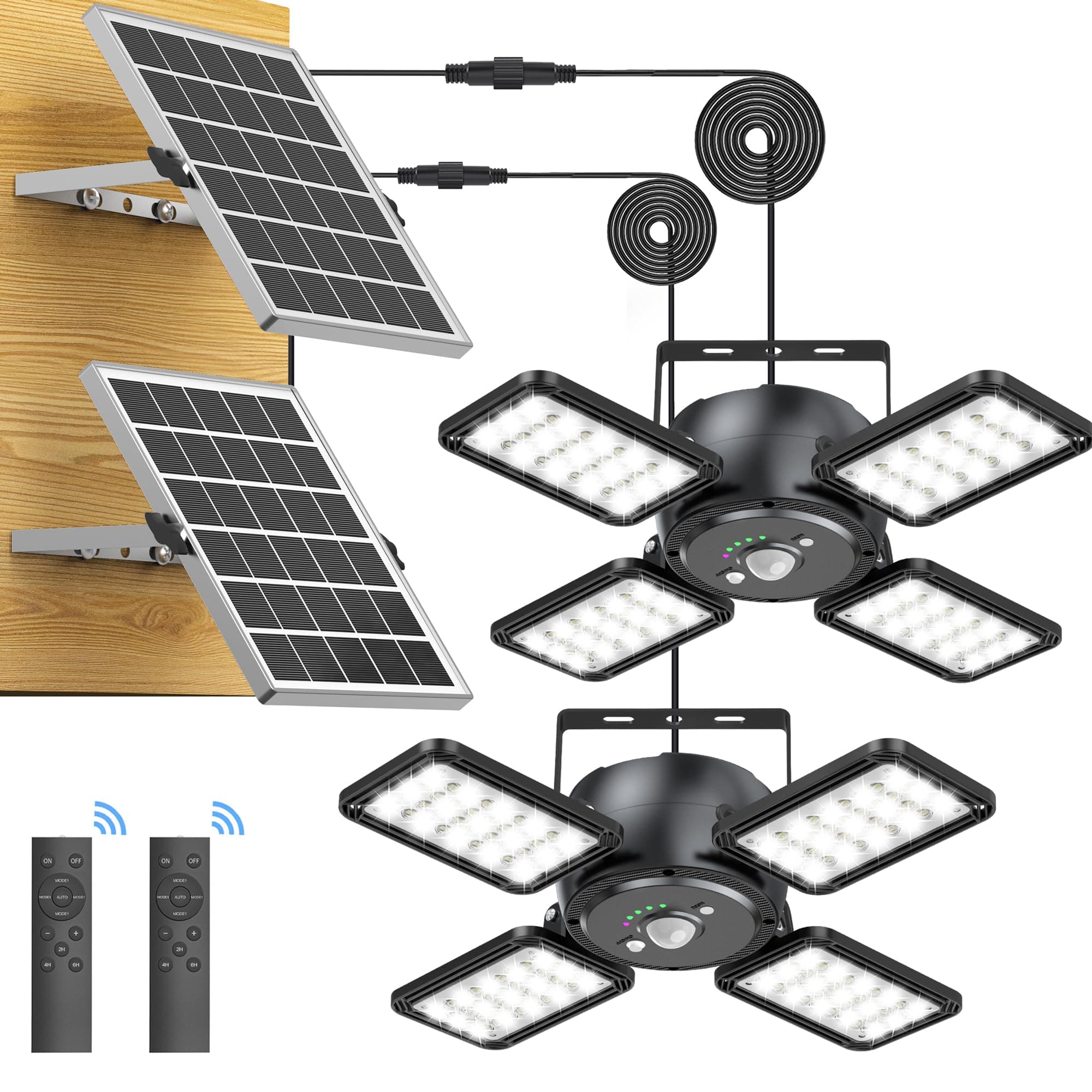 Solar Shed Light Outdoor Indoor Solar Powered Motion Sensor Pendant Light,144LED 1200LM Daytime Work with 5 Modes & Remote Control 4 Heads IP65 Waterproof for Garage Barn Shop 2 Pack