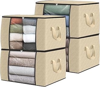 4 Pack Clothes Storage, Foldable Thick Fabric Blanket Storage Bags, Containers for Organizing Bedroom, Closet, Clothing, Comforter, Organization with Handle,Beige