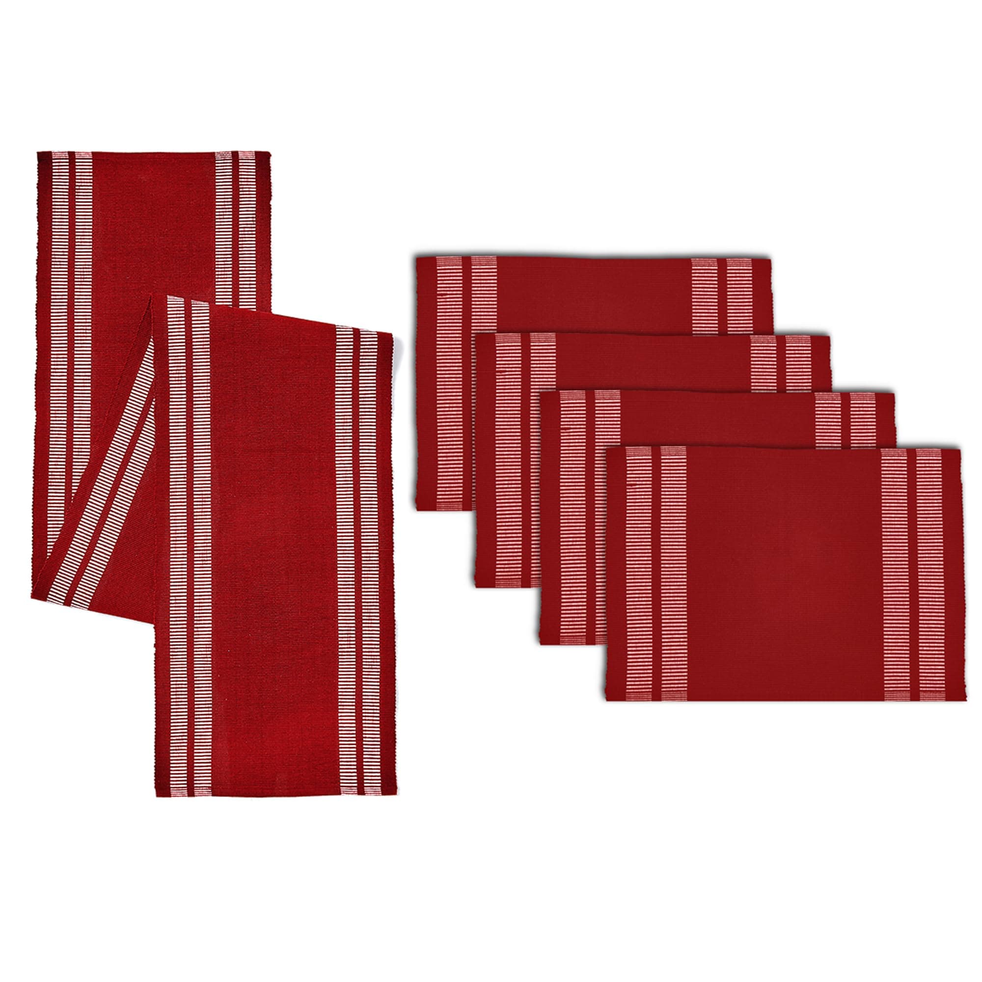 Encasa XO Table Runner and Placemats Set 4 | Fine Ribbed Cotton | Ladder Red | 1 Table Runner Size 13"x54" & Each Table Mat Size 19x13 Inch