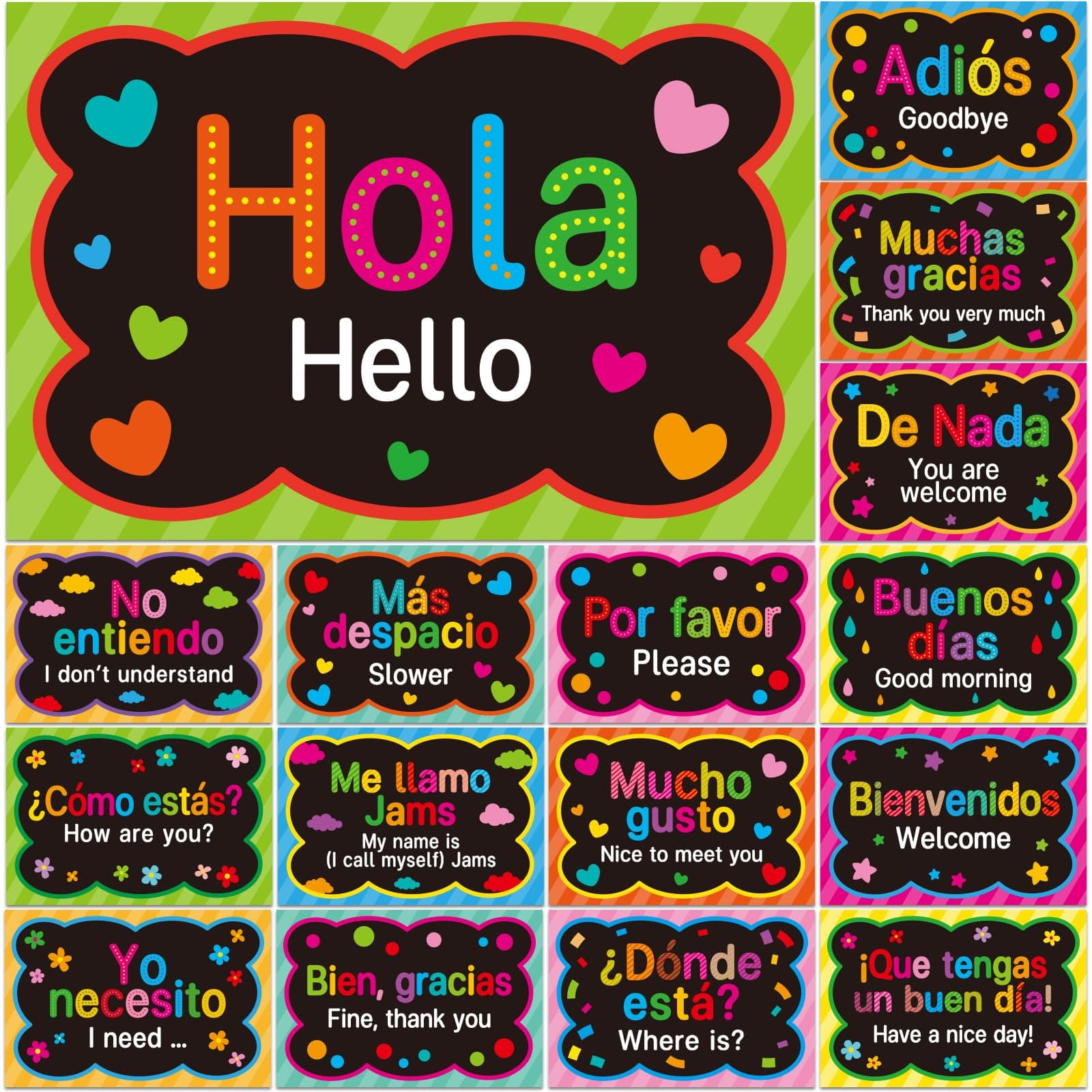 16 Pcs Spanish Words & Phrases Poster Set - Classroom Decorations & Study Materials for Teachers & Preschool - Bright