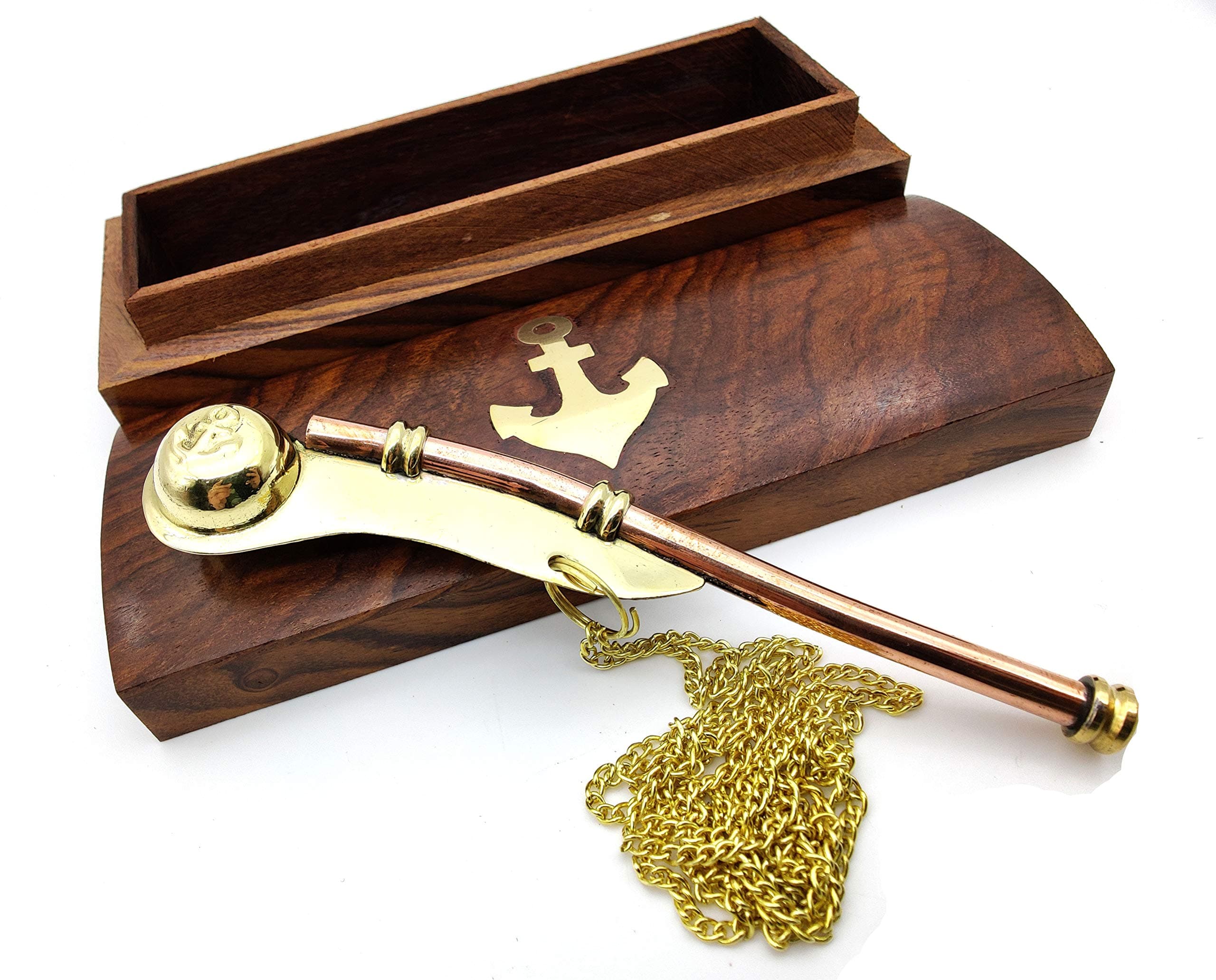 5MOONSUN5's Nautical Solid Brass & Copper Boatswain (Bosun) 5" Whistle Chain with Rosewood Box (Brass & Copper)
