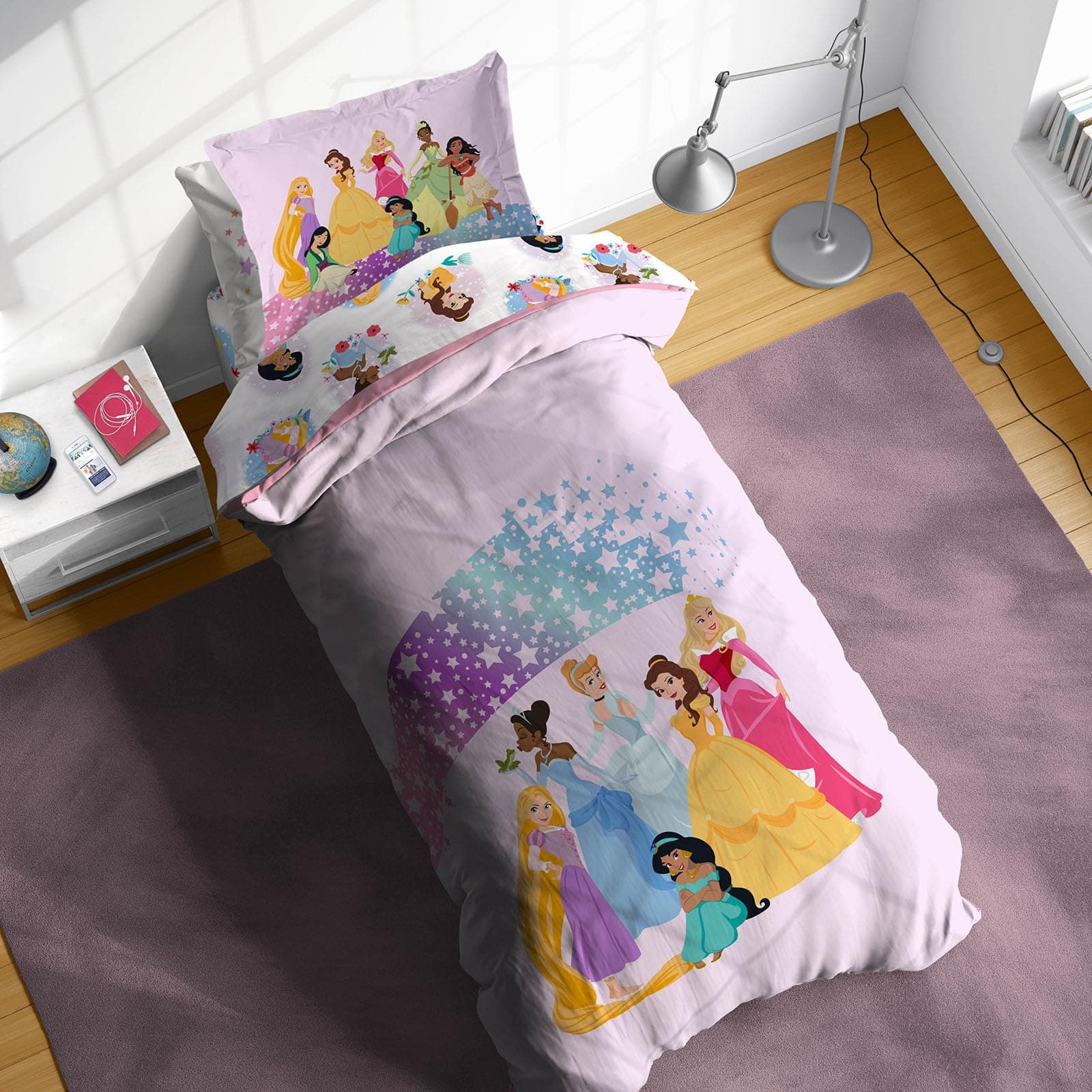 Sunny Side Up Disney Princess Twin Comforter Set - 5 Piece Kids Bedding Includes Comforter, Sheets & Pillow Cover - Super Soft Rainbow Stars Microfiber Bed Set