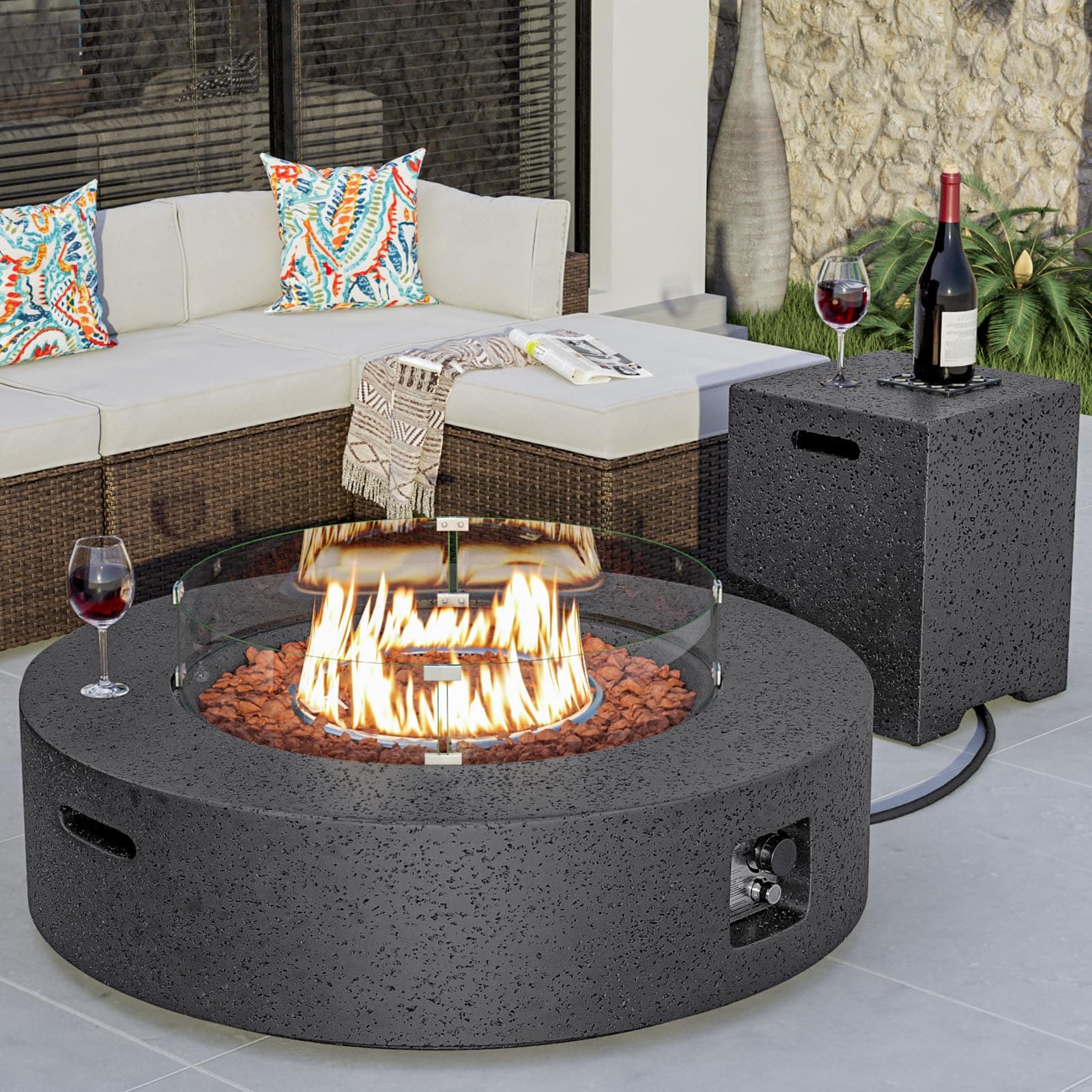 42 inch Outdoor Propane Fire Pit Coffee Table w Concrete Round Base Patio Heater, Certified, 50,000 BTU Stainless Steel Burner, Free Lava Rocks, Rain Cover, Wind Guard, Tank Cover, Gray