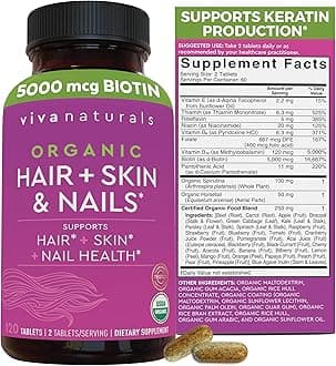 Biotin 5000 mcg Hair Skin Nails Vitamins for Women – Organic and Vegetarian-Friendly Supplement with Vitamin E, B-Vitamins, Spirulina, Horsetail and Superfood Blend to help Produce Keratin –120 Count