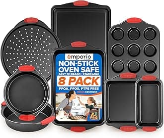 Emporio Kitchen Baking Pan Set - Nonstick Coating, Carbon Steel Bakeware Set with Red Silicone Handles, PFOA, PFOS, PTFE Free, Recipe Booklet Included, Oven Safe Tray (Up To 450° F), Set of 8 - Black