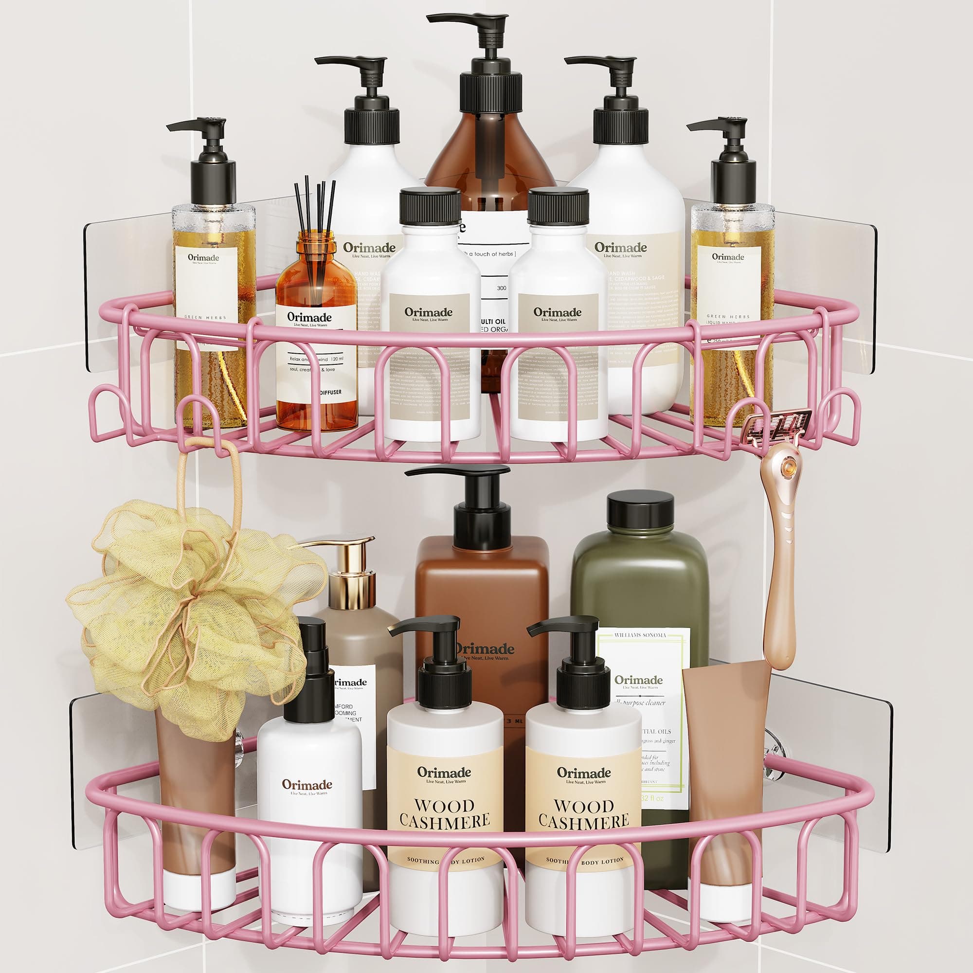 Corner Shower Caddy with 2 Hooks Wall Mounted Metal Bathroom Shelf Storage Organizer Adhesive No Drilling 2 Pack, Pink Only for 90-Degree Corner