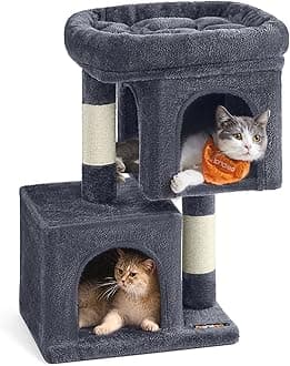 Cat Tree, 26.4-Inch Cat Tower, Plush Condo for Kittens up to 7 lb, Large Perch, 2 Caves, Scratching Post, Smoky Gray UPCT611G01