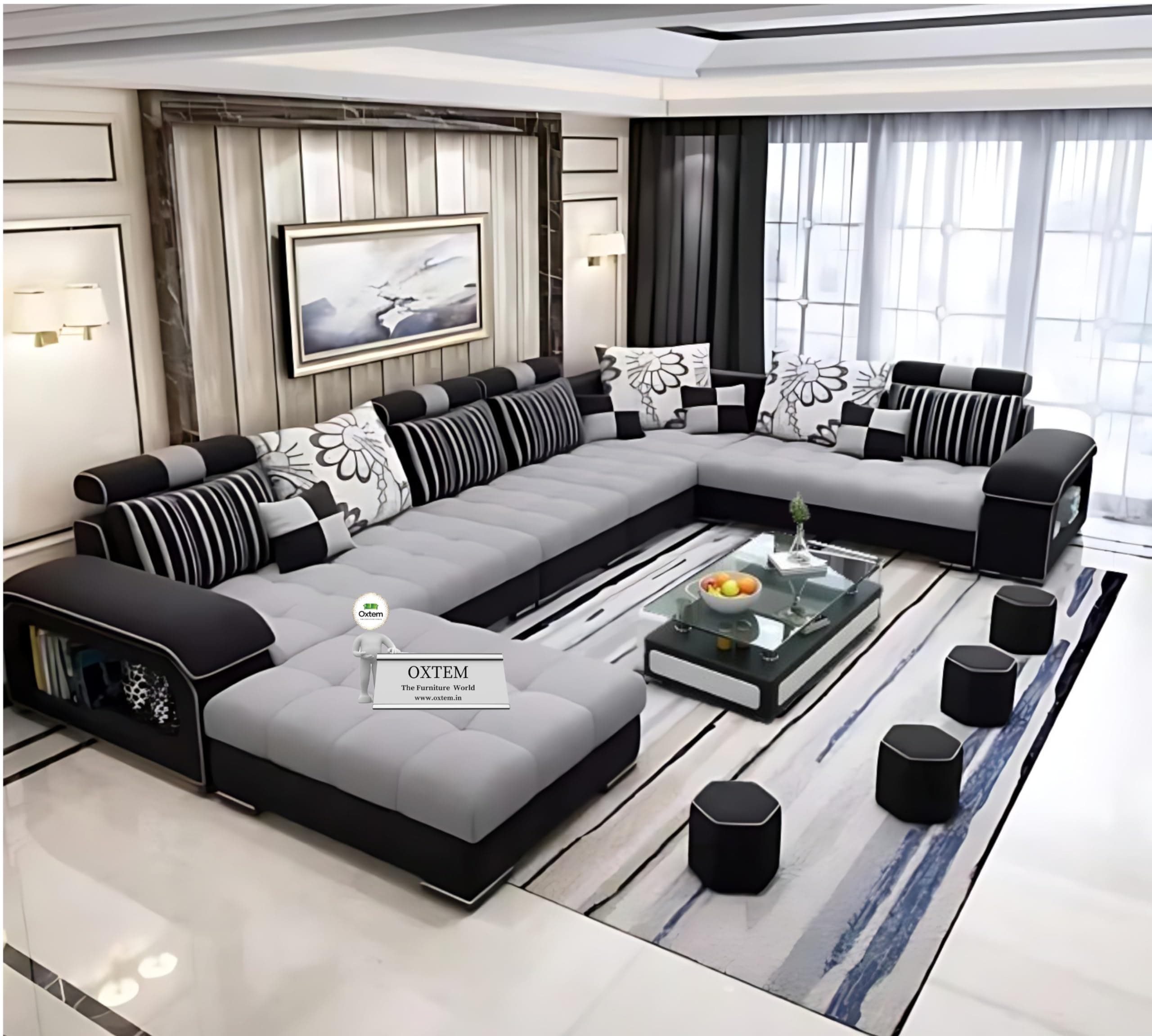 U-Shape Sectional Sofa Set for Living Room | 10-Seater Large Fabric Sofa with Tea Table & 4 Puffy | Spacious Seating Capacity 14 Persons | Premium Comfort | Pre-Assembled