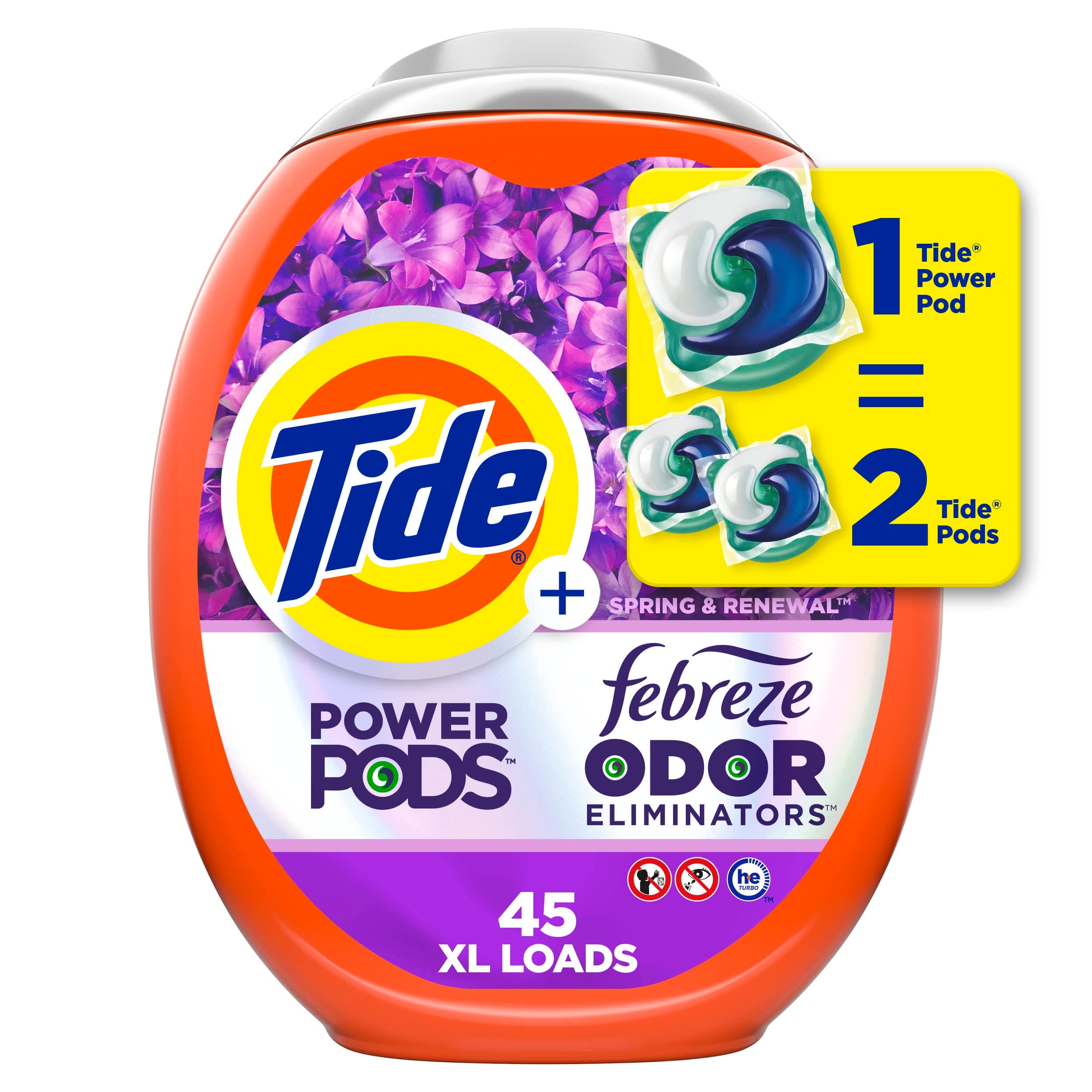 Power Pods with Febreze Laundry Detergent Pacs, 45 Count, Spring & Renewal Scent, All-Day Freshness