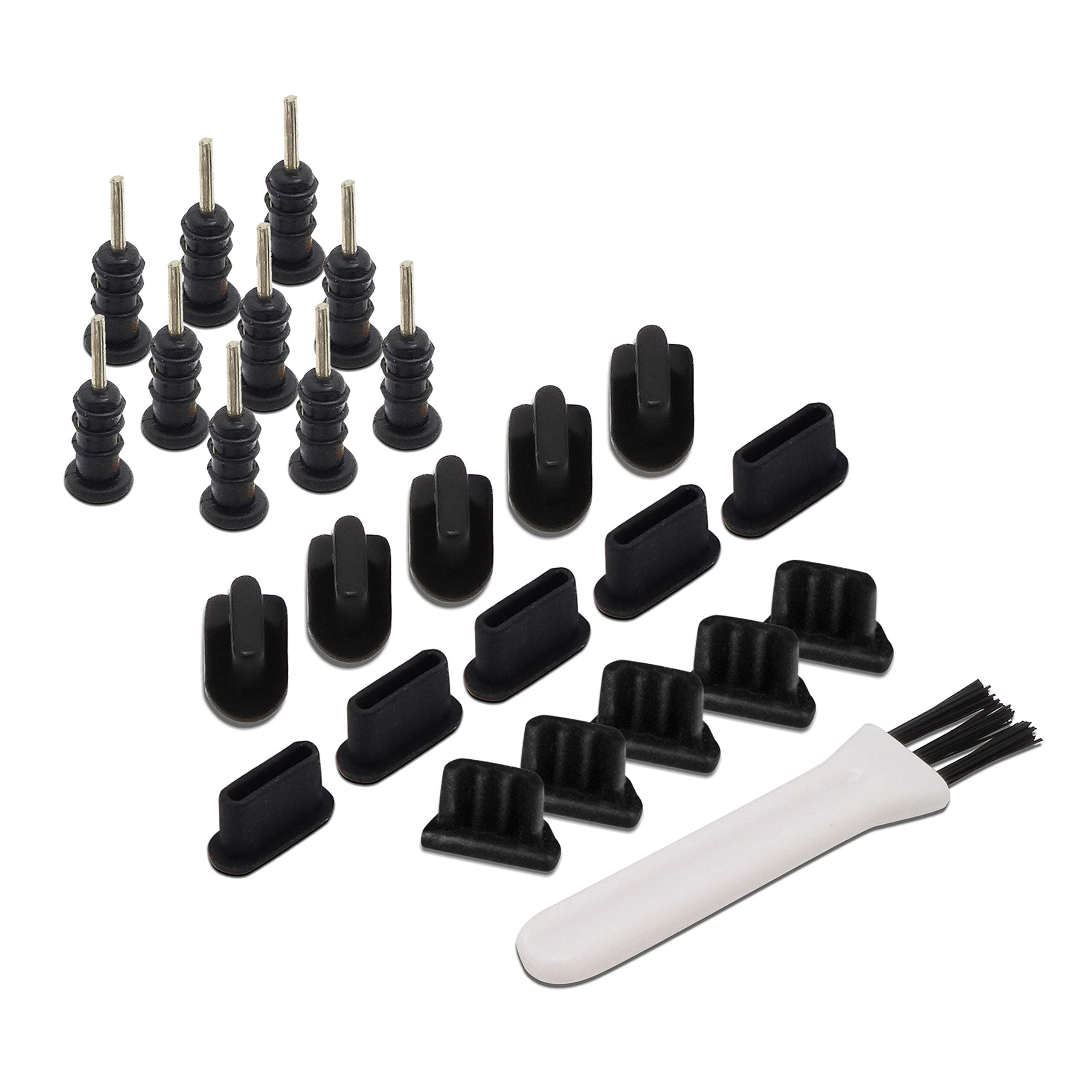 PortPlugs Dust Port Covers (25 Pack) Plug Set, Compatible with All Cell Phones and Tablets, USB C, Micro USB Includes Cleaning Brush (Black), 25 piece, Plastic, No Gemstone