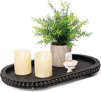 HPC Decor 15in Oval Tray for Home Decor - Black Wood Beaded Tray - Decorative Serving Tray,Rustic Farmhouse Wooden Trays for Vintage Centerpiece,Kitchen Counter,Living Room Decor,Coffee Table Decor.