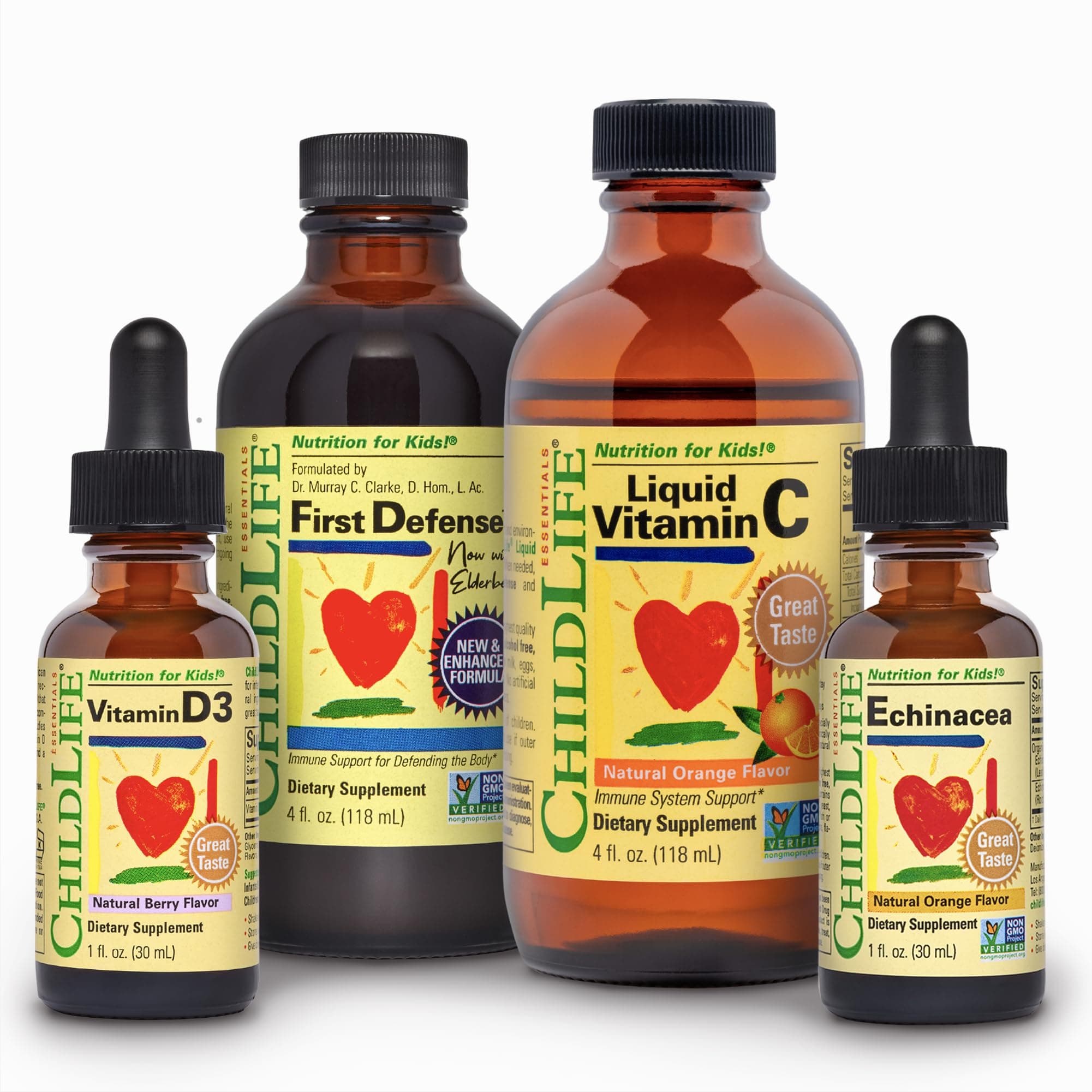 Essentials Immune Support 4-Pack for Infants, Babies, Kids, and Toddlers - Vitamin D3 Natural Berry Drops, Liquid Vitamin C Natural Orange, Echinacea Natural Orange, and First Defense