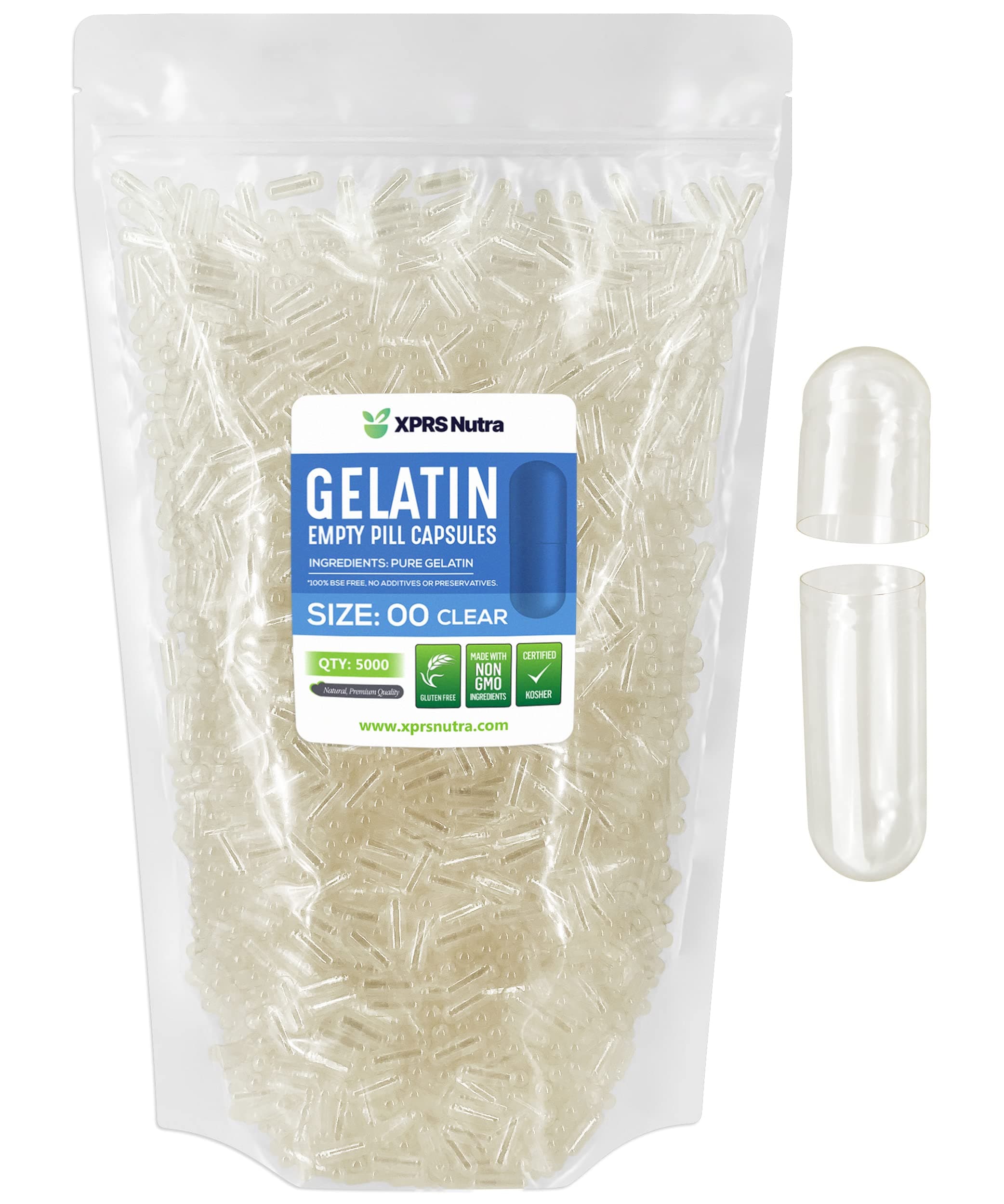 XPRS Nutra Size 00 Empty Capsules - 5000 Count Clear Empty Gelatin Capsules - Pills DIY Capsule Filling - Fillable Pill Gel Caps for Do It Yourself Supplements
