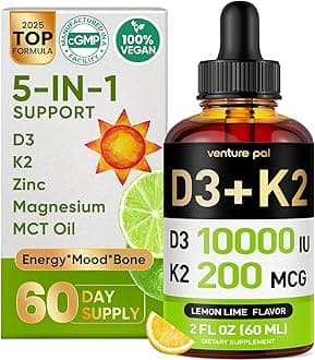 Venture Pal 5-in-1 Vitamin D3 10000 IU & K2 as MK-7 200mcg with Magnesium, MCT Oil, Zinc, Sugar-Free Vitamin D Liquid |Maximum Absorption for Bone, Mood & Immune Health - 2 FL OZ, 68 Days