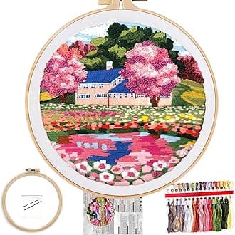 FONNUY Embroidery Kit for Beginners, Boho Nature Landscape Pre-Stamped Pattern Kits for Adults with Hoop, Easy to Follow Color Thread Needlework, 8'' Hoop (Mountain House)