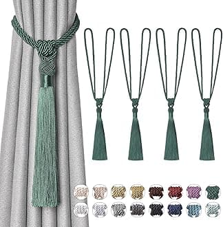 Pretty Jolly 4 Pack Long Tassel Curtain Tiebacks Handmade Braided Rope Knot Drape Tie Backs European Style Decorative Curtain Holdbacks for Home & Office Window Drapery (Green)