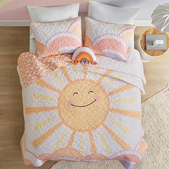 Kids Queen Bedding Set Cotton Sun Full Size Quilt Sets for Girls Rainbow & Clouds Reversible Queen Coverlet Dawn Light & Breathable Sham Throw Pillow Full/Queen Yellow/Coral 4 Piece