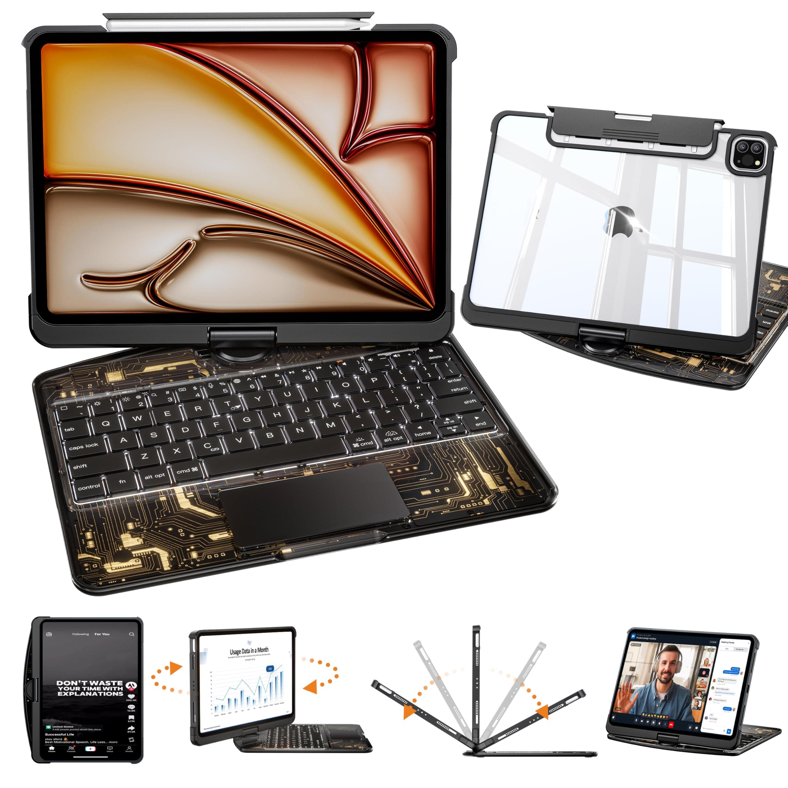 Transparent Keyboard Case for iPad Pro 13 Inch (M5 2025/M4 2024) with Multi-Touch Trackpad, 360° Rotating Stand, 7-Color 3-Level Backlit, Wireless Bluetooth, Pencil Holder, Black