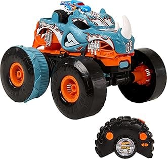 Monster Trucks RC Toy, Remote-Control Transforming Rhinomite in 1:12 Scale & 1:64 Scale Race Ace, Converts into Launcher, Connects to Track