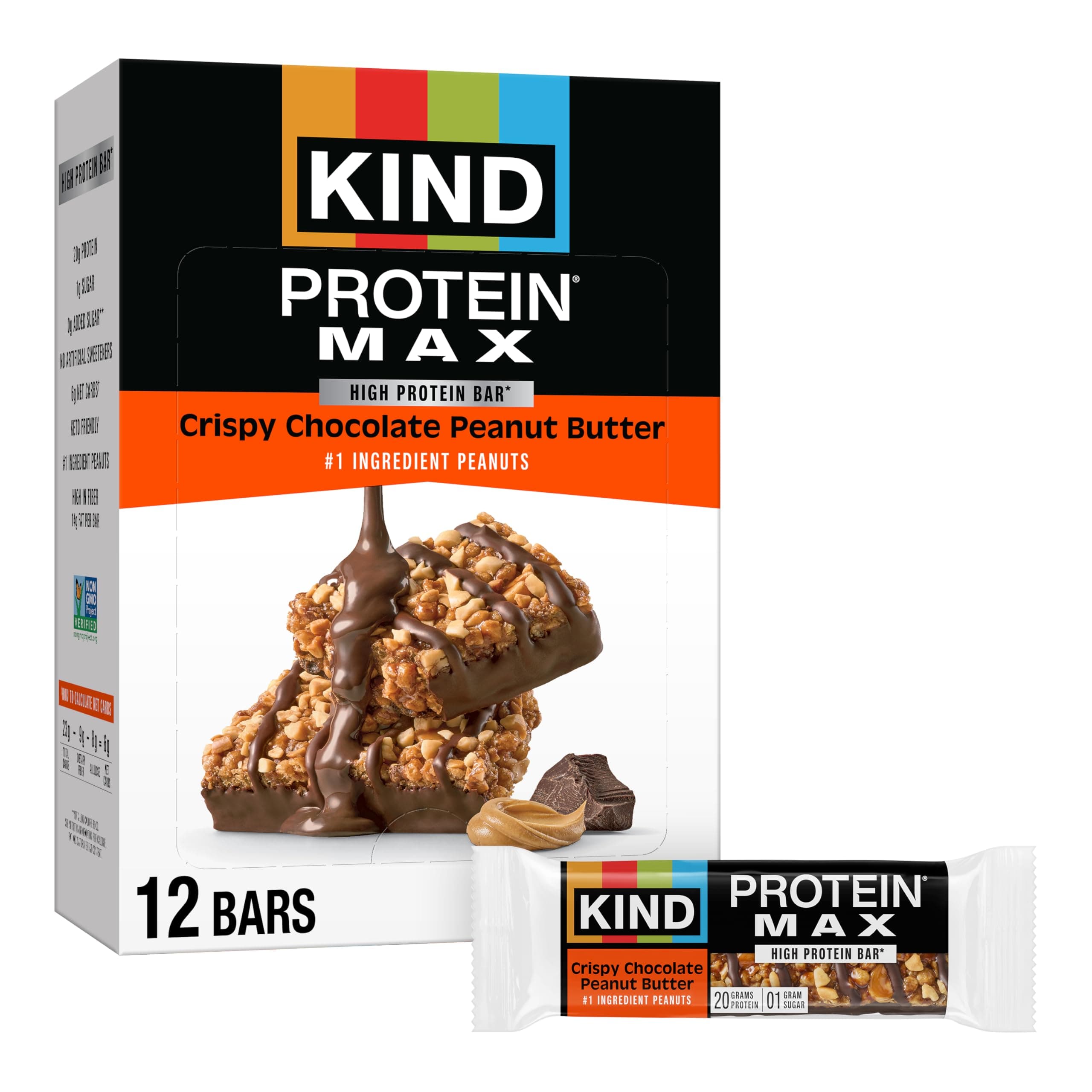 Protein MAX Crispy Chocolate Peanut Butter Snack Bars, 20g of Protein, Keto Friendly, 1g of Sugar Per Bar, Gluten Free, 12 Count Box