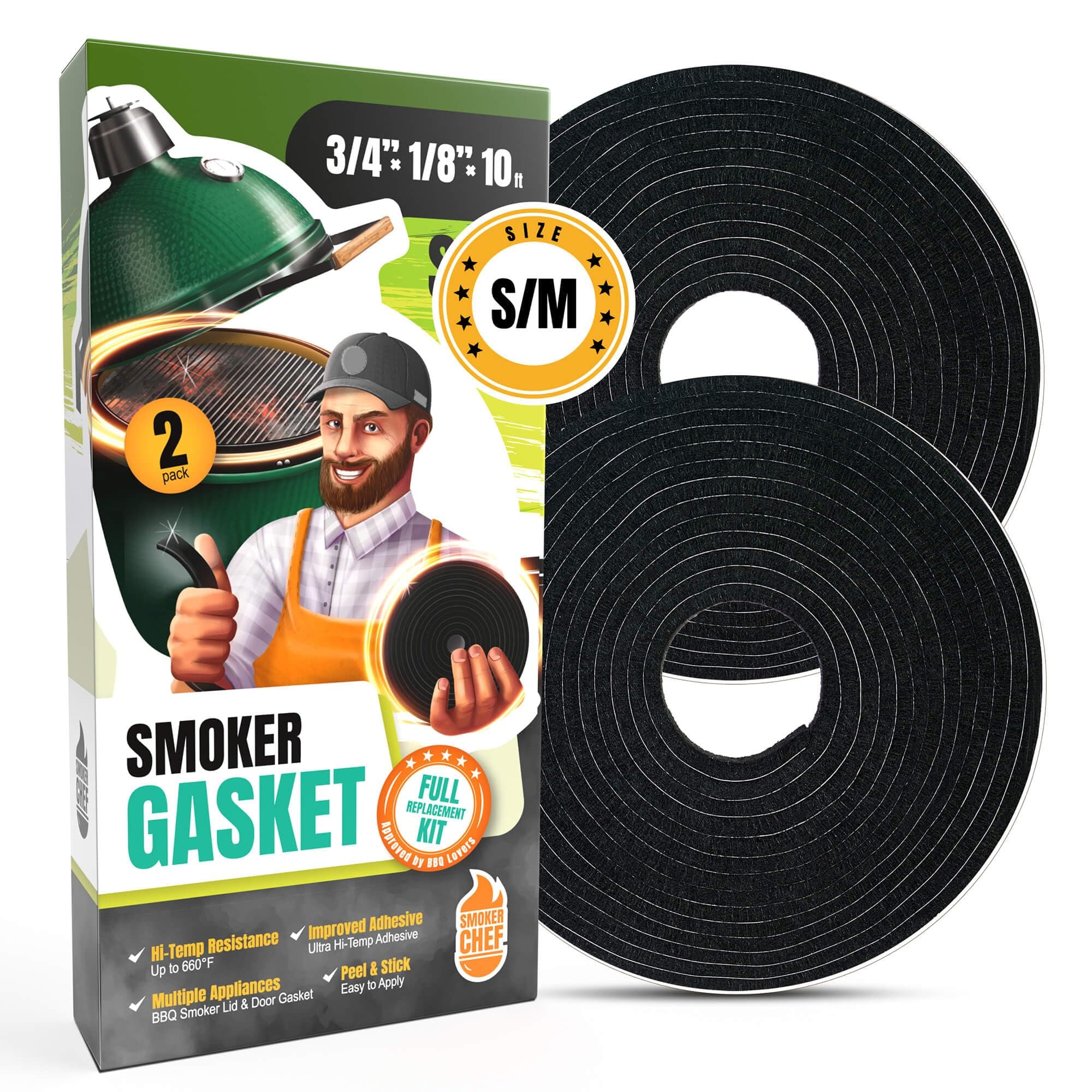 Gasket for Big Green Egg S-M - 2-Pack x 5 FT Smoker Gasket Seal - BGE Gasket 3/4" x 1/8" Felt - Compatible with Big Green Egg - Accessories & Parts for Grill by Smoker Chef