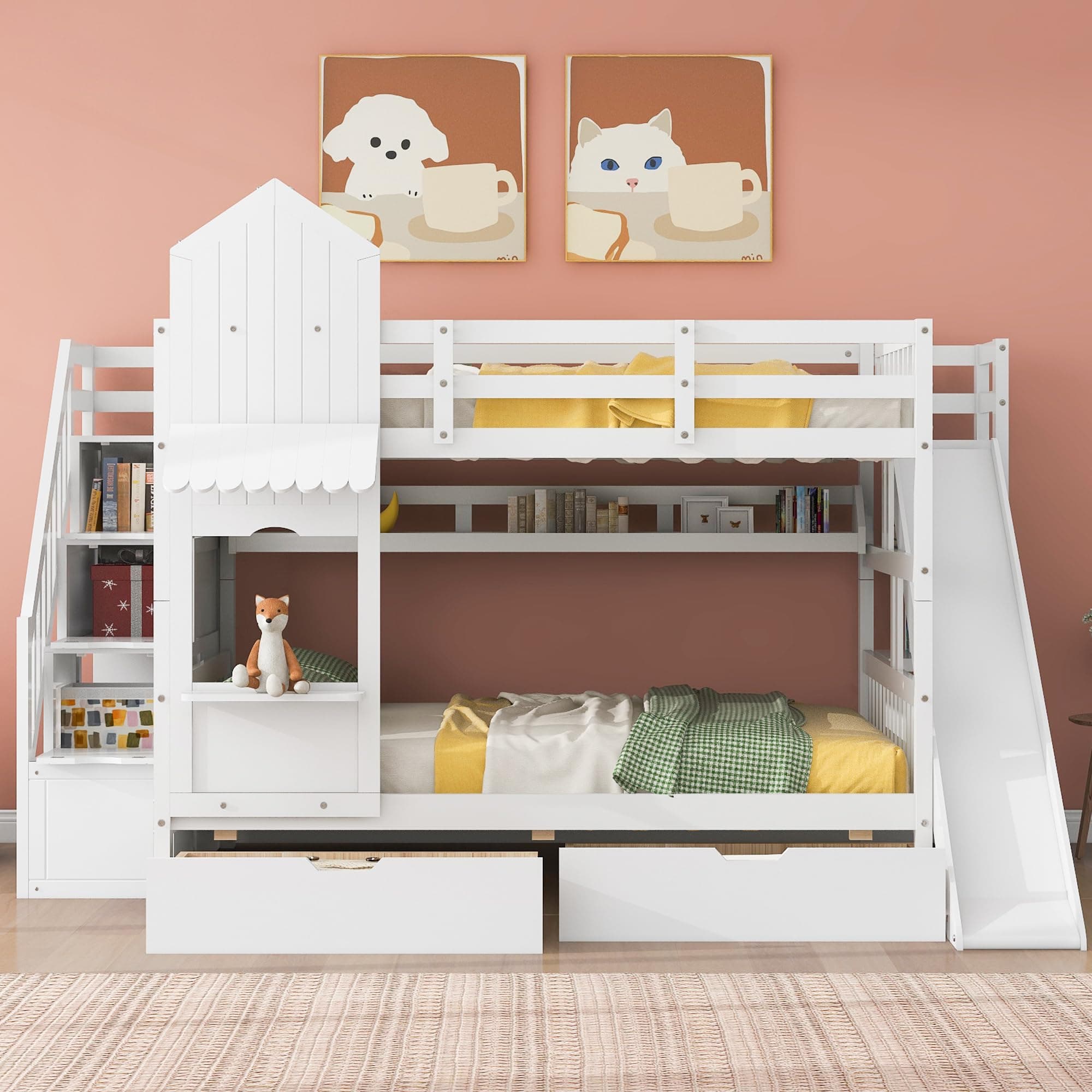 MERITLINE Full Over Full Bunk Bed for Kids, Castle Bunk Beds with 2 Drawers 3 Shelves and Slide, Solid Wood Full Bunk Bed for Kids Girls Boys Teens (White)