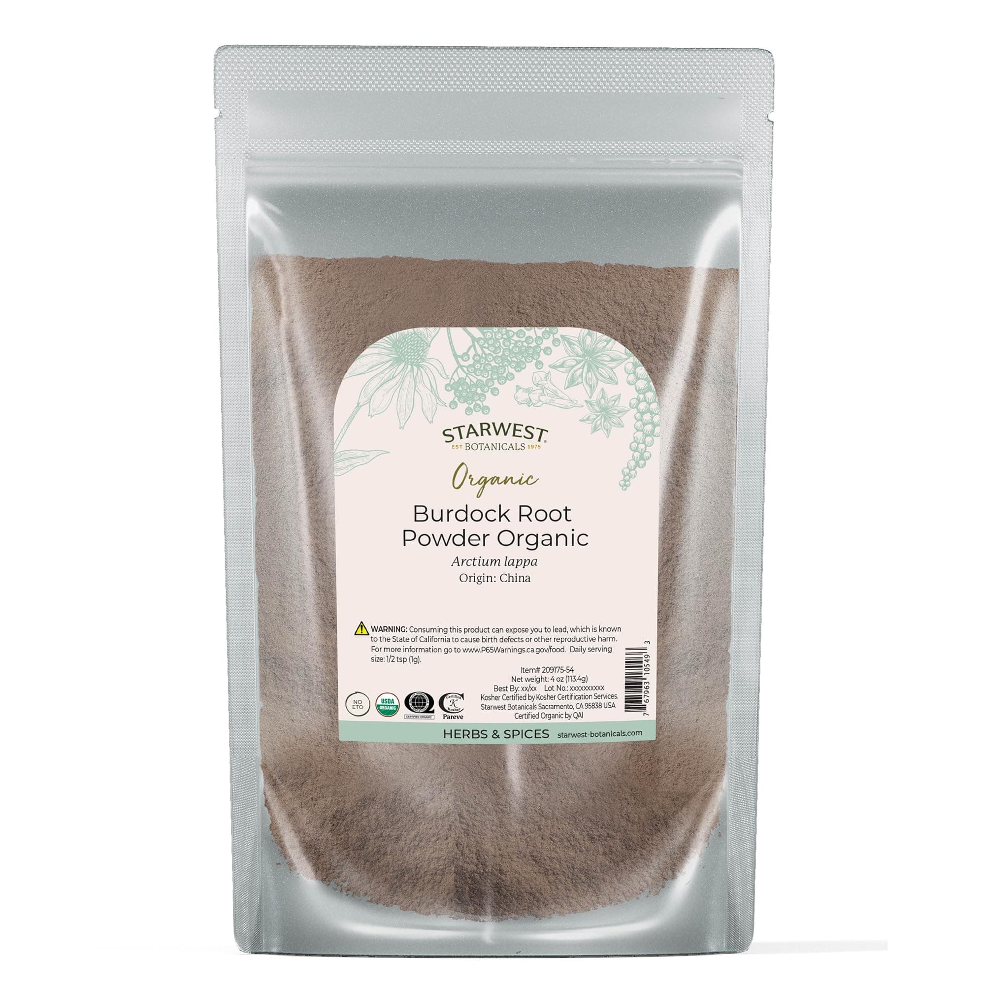 Starwest Botanicals Burdock Root Powder Organic - Natural Loose Herb for Tea, Rice, Soup, & Stews, Certified Kosher, Non-GMO - 4 oz Pouch